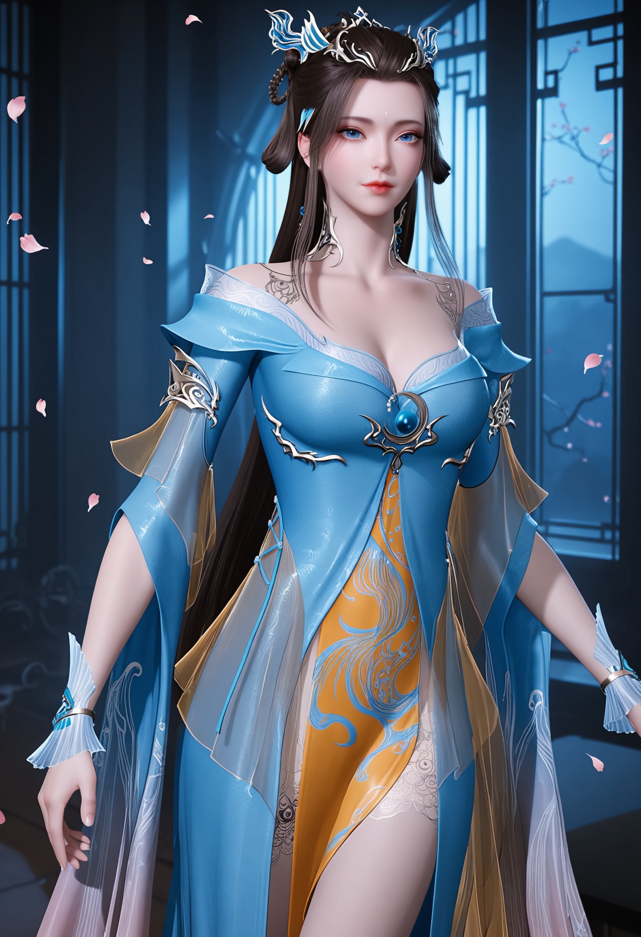 (cowboy shot:1.2),(gigantic breasts:0.7),(looking at viewer:1.1),facing viewer,direct gaze,(masterpiece:1.1),(best quality:1.2),(intricate details),(smog:1.3),(Dark room:1.3),(dim lighting:1.3),peach blossom,falling petals,<lora:YQ_Illustrious光辉v5_侯烟岚_V1:0.8>,1girl,q1528437228,solo,long hair,hair ornament,dress,black hair,jewelry,blue eyes,hair rings,hair bun,earrings,forehead mark,brown hair,bracelet,masterpiece,(best quality),(intricate details:0.9) BREAK (intricate details:0.9),(realistic skin:1.2),masterpiece,best quality,newest,absurdres,hiahres,