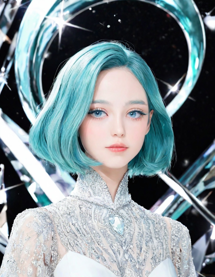 Yoneyama Mai,masterpiece,best quality,epic_scenes,highly_detailed,Extremely delicate and perfect visuals,1girl,solo,1other,short hair,blue eyes,androgynous,looking at viewer,bangs,blue hair,portrait,colored eyelashes,gem uniform (houseki no kuni),eyelashes,black background,crystal hair,aqua hair,sparkle,