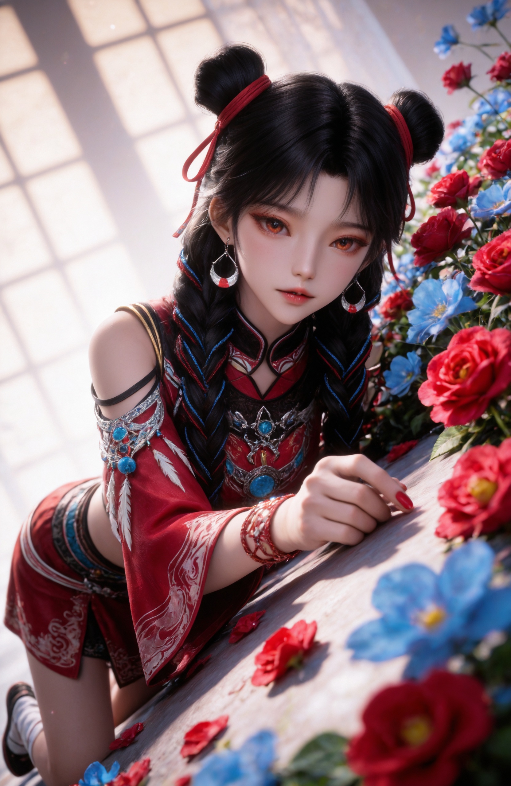 <lora:择天记-白落衡IL:0.7> 1girl, long hair, black hair, ribbon, jewelry, earrings,hair ribbon, crop top, shirt,  midriff, necklace, bracelet, twin braids, double bun, red skirt, red dress,  shoulder cutout, white socks,shoes,, realistic style photo,outstanding style,Use soft lighting to cast gentle shadows on the subject,adding a touch of dimension to your images without compromising details,whirls of vapor,(Anime:1.1),soft neon light,ethereal ambiance,delicate details,magical atmosphere,concept art,highly detailed,ultra-high resolution,32K UHD,sharp focus,best-quality,masterpiece,golden hour,unconventional supreme masterpiece,masterful details,temperate atmosphere,with a high-end texture,in the style of fashion photography,magazine style,Dynamic Angle,Dynamic posture,magazine style,Dynamic Angle,Dynamic posture,(cowboy_shot:1.2),eye trail,depth of field,cinematic lighting,lens flare,close-up,extreme aesthetic,(wlop:0.6),(honjou raita,lack,rella,wanke:0.5),masterpiece,best quality,good quality,newest,year 2025,very aesthetic,absurdres,Visual impact,A shot with tension,ultra-high resolution,32K UHD,sharp focus,best-quality,masterpiece,Emotionalization,unconventional supreme masterpiece,masterful details,temperate atmosphere,with a high-end texture,in the style of fashion photography,(Visual impact:1.2),giving the poster a dynamic and visually striking appearance,, 1girl,solo,lying,flower,,looking at viewer,rose,red nails,parted lips,red rose,nail polish,see-through,outstretched arm,outstretched hand,breasts,reaching towards viewer,
