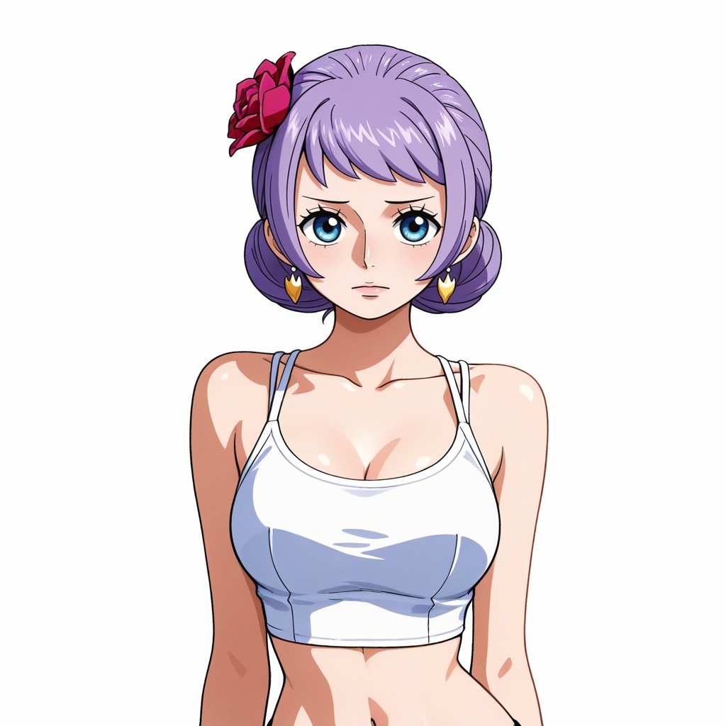 depth of field,masterpiece,best quality,very aesthetic,alternate costume,alternate costume,2024,2023,perfect composition,ultra-detailed,extreme aesthetic,masterpiece,best quality,good quality,newest,year 2024,year 2023,very aesthetic,absurdres,looking_at_viewer,colorful,<lora:卡莉娜:0.6>,Carina one piece,Carina\(one piece\),purple hair,blue eyes,short hair,hair ornament,hair flower,crop_top,white_background,simple background,looking_at_viewer,upper_body,