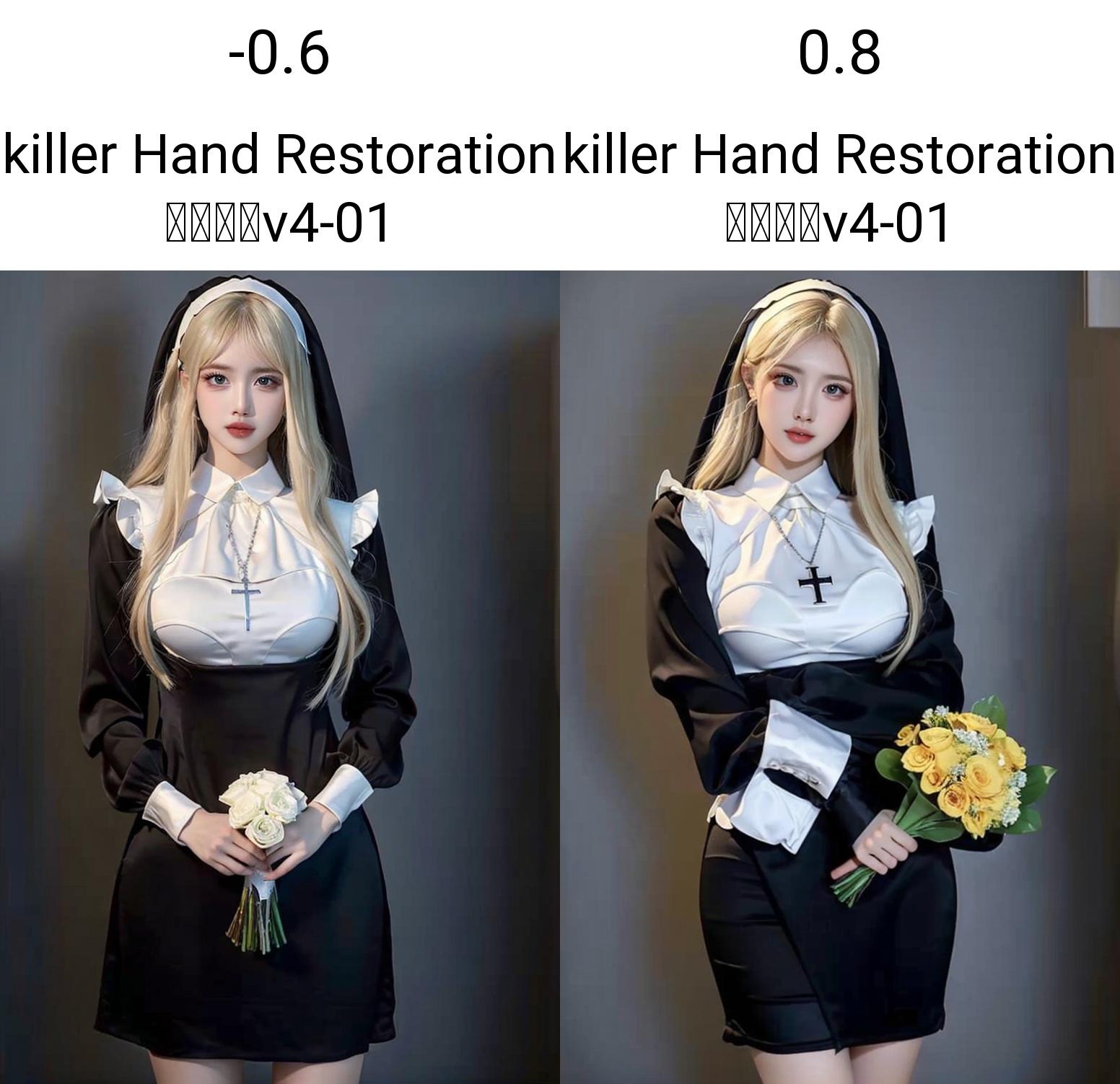 (masterpiece, best quality:1.4),finely detailed,1girl,solo,pale skin,perfect body,standing,<lora:killer修女v2:0.75>,killer,black dress,blonde hair,cross necklace,dress,jewelry,nun,pelvic curtain,veil,(cowboy_shot:1.2),<lora:killer Hand Restoration 手部修复v4-01:-0.6>,(holding_bouquet),