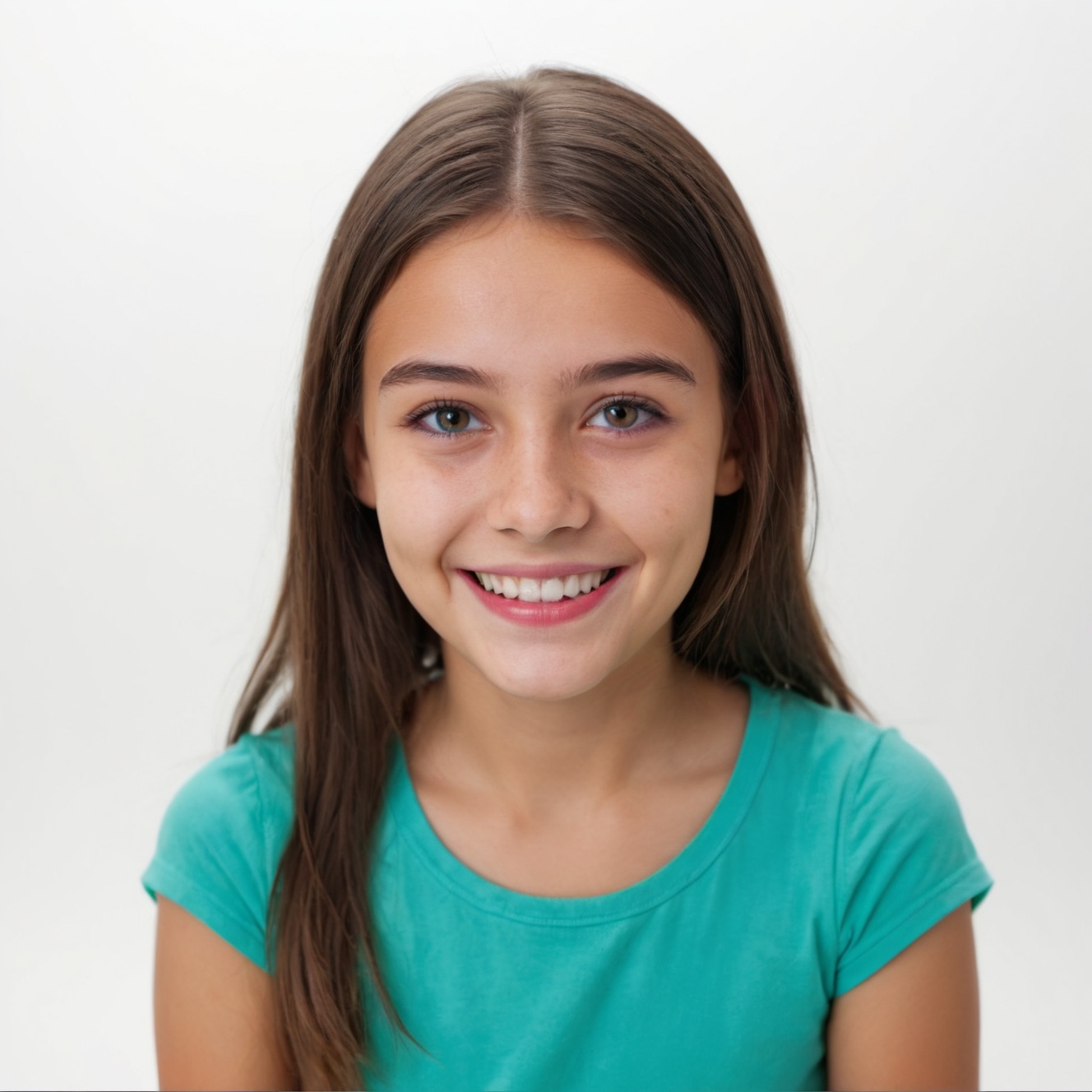 young girl smiling in front od the camera,  vivid colors and ultra-HD quality,  white background. on Tensor.Art