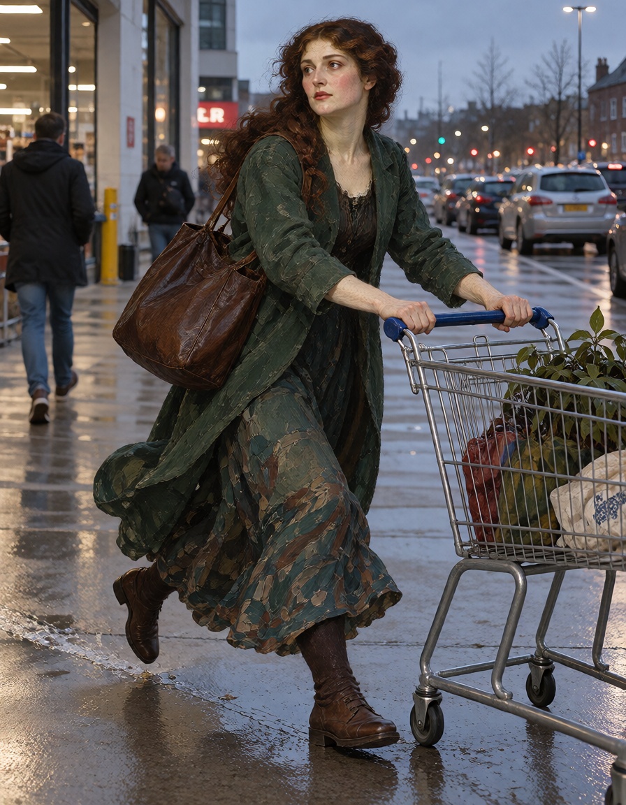 A Pre-Raphaelite woman chasing a runaway shopping cart in a parking lot. on Tensor.Art