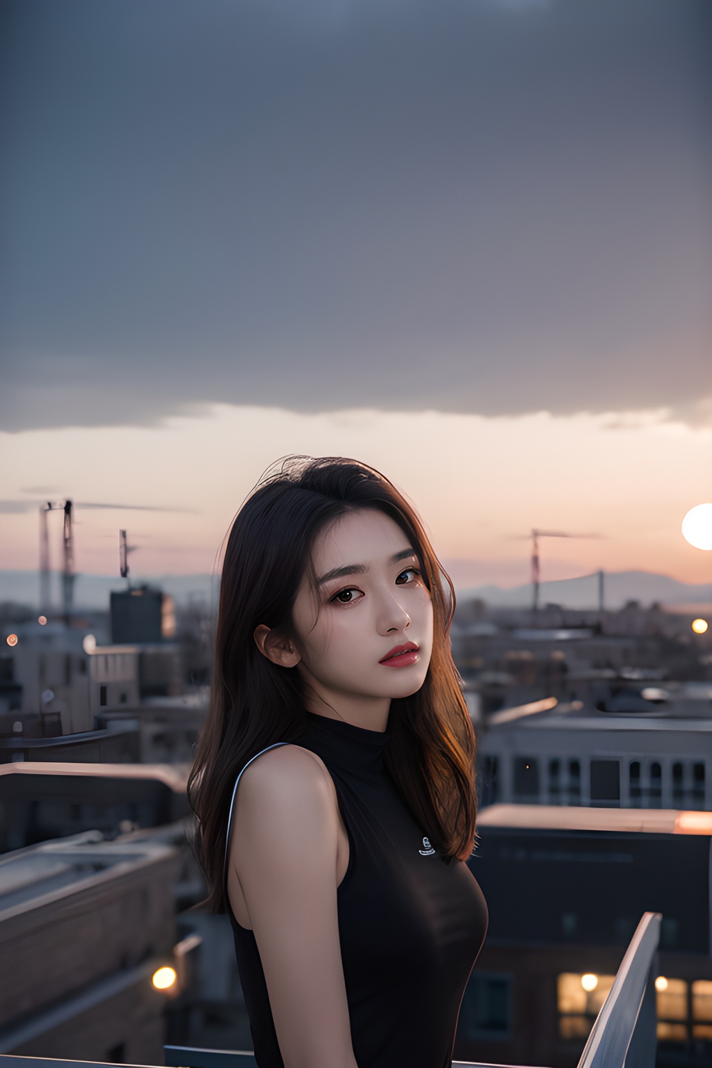 <lora:0816_04:0.7>,Frontal photography,Look front,evening,dark clouds,the setting sun,On the city rooftop,A 20 year old female,Black top,Black Leggings,black hair,long hair, dark theme, muted tones, pastel colors, high contrast, (natural skin texture, A dim light, high clarity) ((sky background))((Facial highlights)),, 1girl,realistic,masterpiece, best quality, photorealistic, HDR,detail