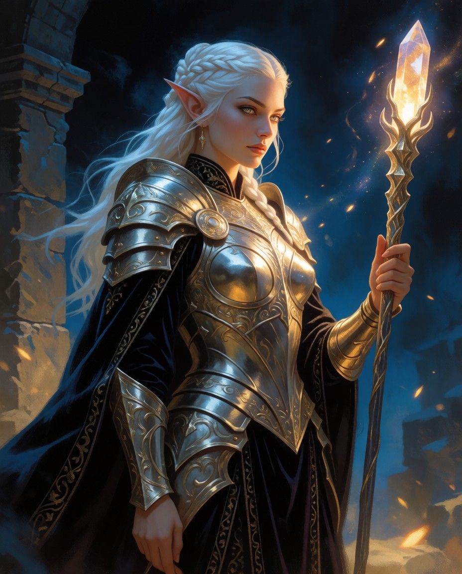 engmddltn,  A commanding three-quarter portrait of an elven sorceress adorned in ornate,  burnished silver filigree plate...