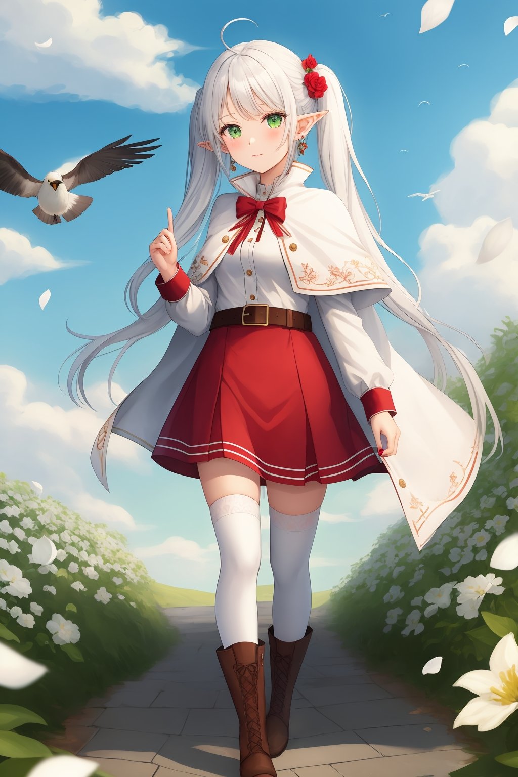 1girl, solo, long hair, looking at viewer, bangs, thighhighs, long sleeves, dress, twintails, jewelry, closed mouth, green eyes, standing, flower, ahoge, white hair, earrings, boots, outdoors, sky, pointy ears, belt, cloud, white dress, white thighhighs, parted bangs, petals, capelet, feet out of frame, bird, brown footwear, cloudy sky, white flower, elf, red nails, white capelet,