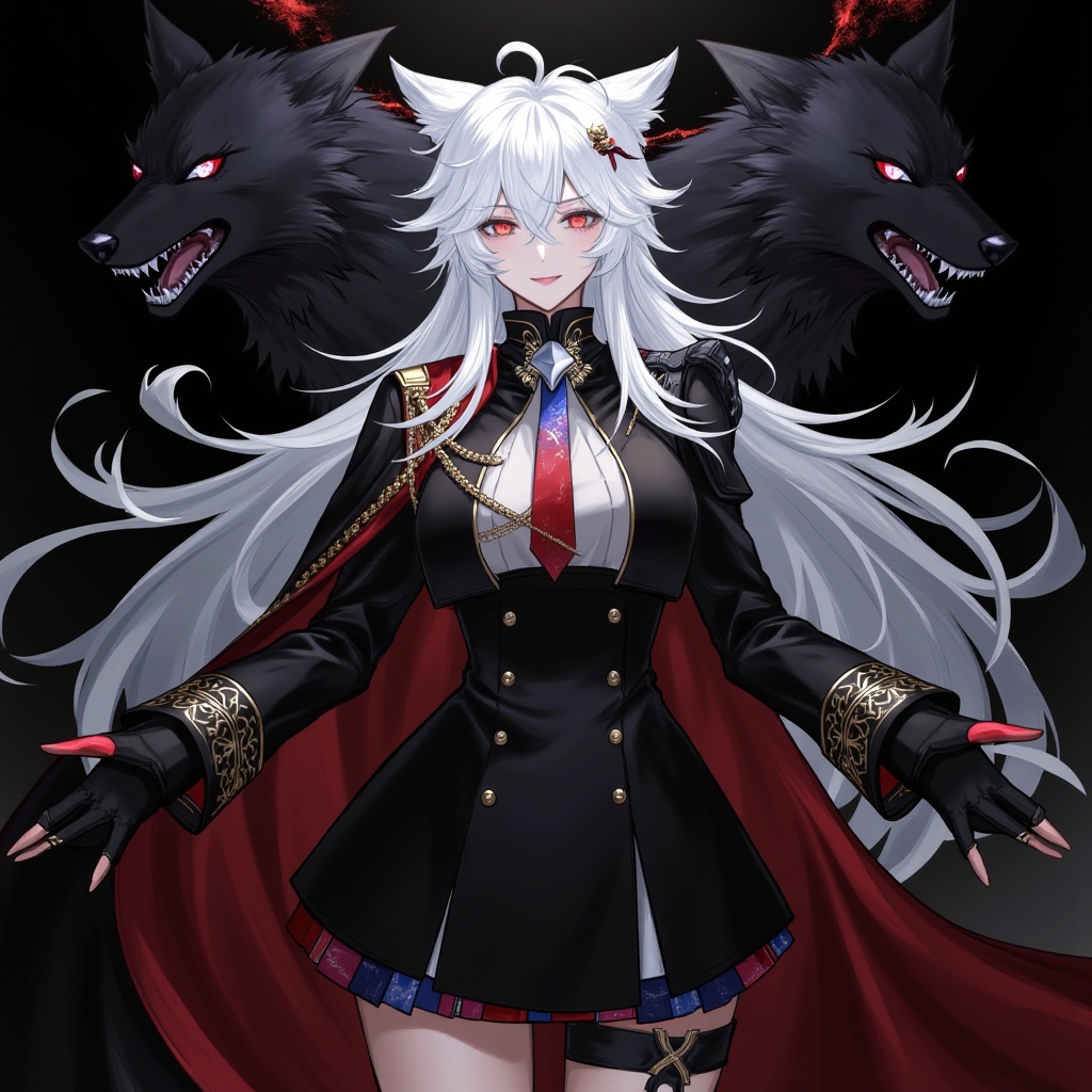 Lappland,1girl,lappland,smile,full_shot,medium_shot,highres,illustration,masterpiece, best quality, 1girl, long white hair, military-style black jacket, red cape, surrounded by 2 dark spectral wolves with red eyes, fierce expression, mystical atmosphere, ethereal wisps, dark background, front angle, high fantasy style