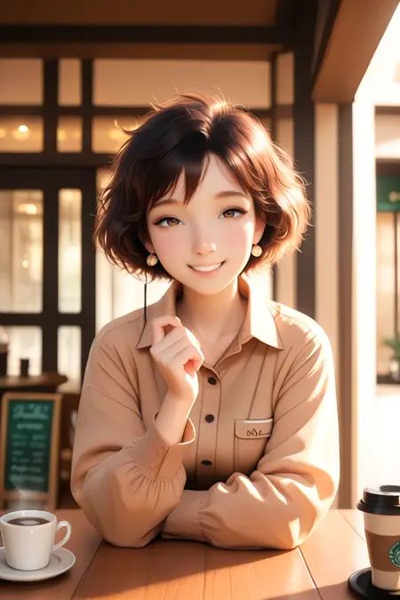 1girl, solo, casual outfit, short messy hair, simple earrings, coffee shop setting, natural lighting, relaxed pose, warm smile, cozy interior background, masterpiece, best quality