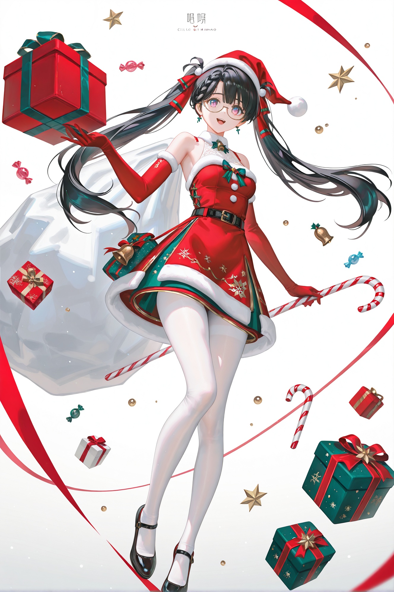 8k,best quality,masterpiece,(ultra-detailed),(high detailed skin),((artist:reoen), (artist:torino_aqua),year 2024:0.8)1girl,[artist:wlop],[artist:ningen_mame],artist:ciloranko,[[artist:rhasta]],artist:tidsean,artist:iumu,artist:nyarko,<lora:zhezhi-ill-Tanger:0.8>,zhezhi,default clothes,white pantyhose,1girl,long hair,black hair,glasses,twintails,dress,black footwear,hat,braid,christmas,santa hat,candy cane,solo,dress,gift,long hair,food,red dress,candy,merry christmas,open mouth,belt,looking at viewer,bangs,smile,full body,sleeveless,bare shoulders,holding,red headwear,red gloves,white background,gloves,bell,santa costume,sleeveless dress,black footwear,shoes,