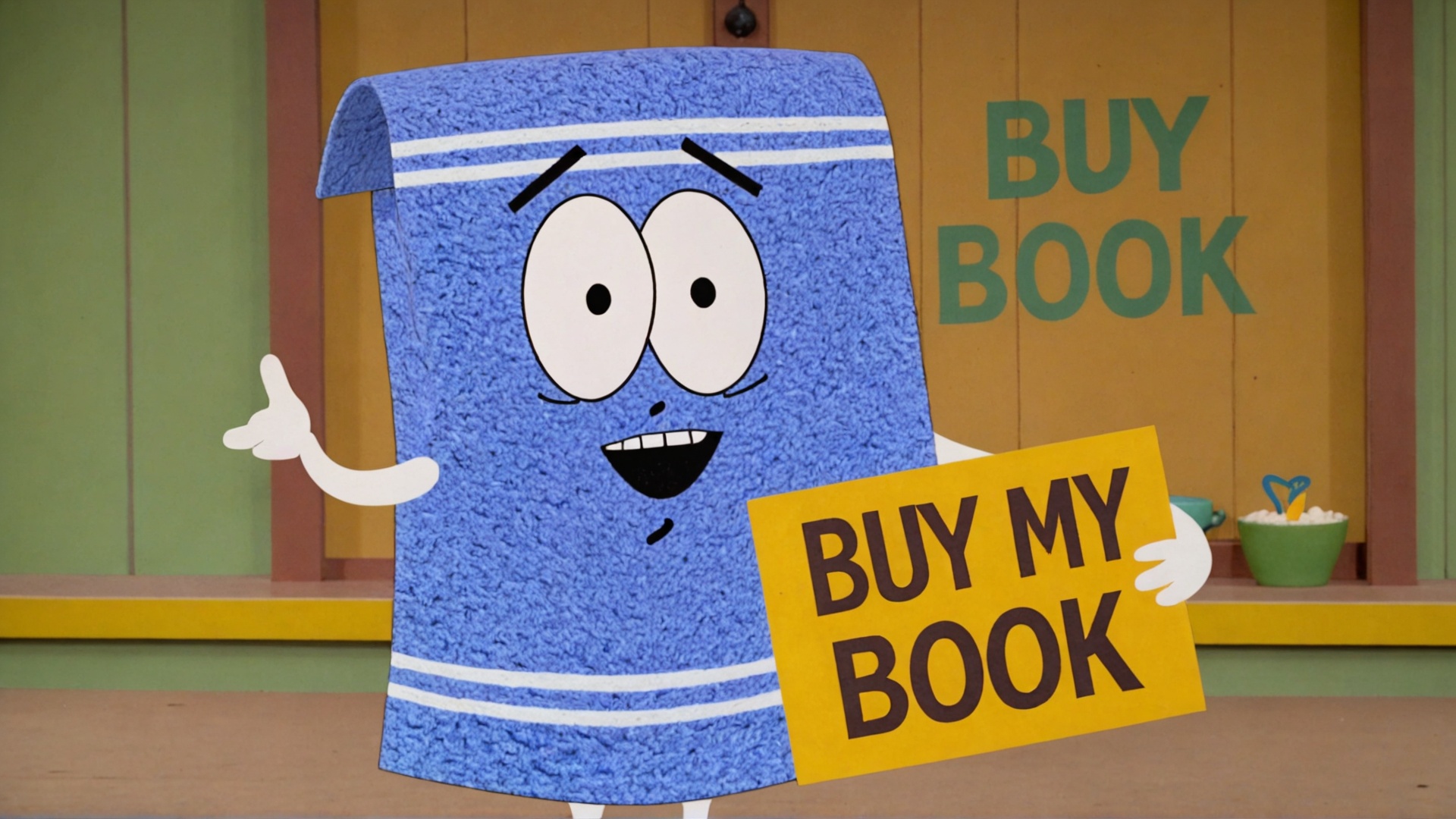 Photo of Towelie with a mustache on Oprah show with a sign that says "buy my book Amazon" on Tensor.Art