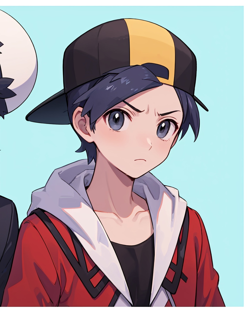 masterpiece,best quality, highly detailed, ethan (pokemon),1boy, closed mouth, male focus, pokemon (creature), backwards hat, red jacket, baseball cap, white border, long sleeves, black shirt, upper body, frown, looking to the side,<lora:ethan_(pokemon):1>