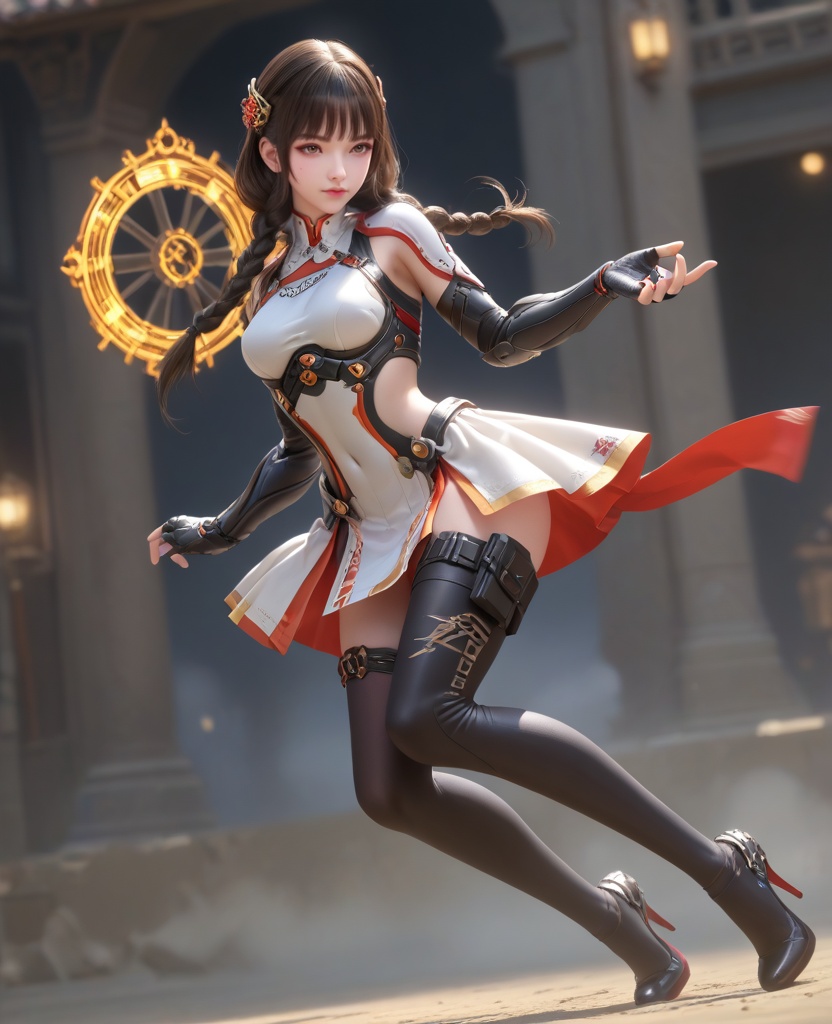 (oriental architecture, elegant decor, sophisticated style:1.1),(holding object:1.1),(breasts:1.2),<lora:XL16穿越火线乔月:0.95>,miss qiaoyue,kevlar-orange boobplate,brown eyes,blunt bangs,black hair,front braided twin pigtails,hair ornament,pauldrons,arm guards,kevlar-orange abdomen armor panel,asymmetrical thighhighs with volt-orange and black,thigh holster,thigh strap,high heels,white overskirt,, score_9,score_8_up,score_7_up,score_6_up,score_5_up,score_4_up,3d rendering,tag1,tag2, Cinematic Lighting,backlighting,, zPDXL3, zPDXL2,zPDXL, zPDXLxxx, zPDXLrl,