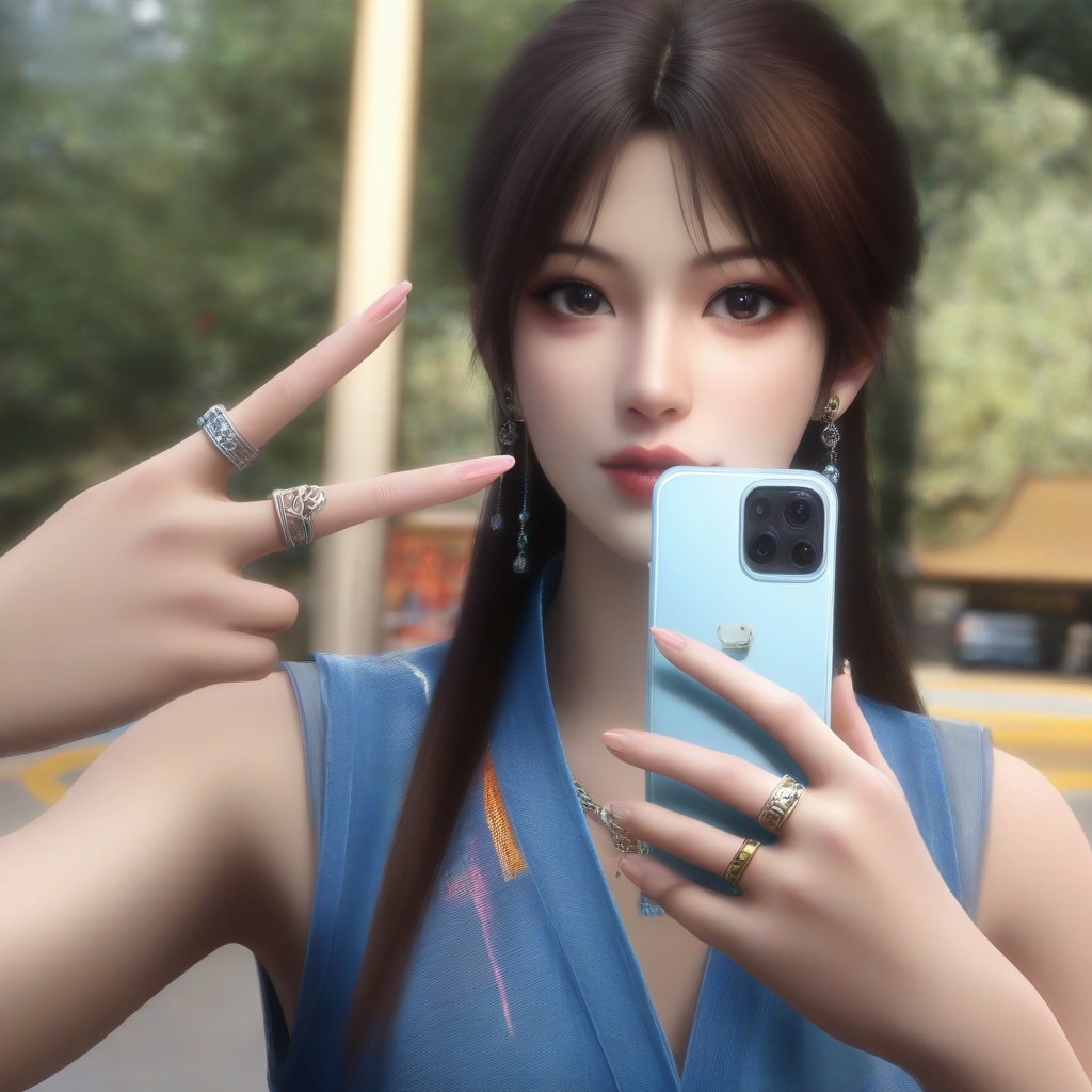 realistic,masterpiece,best quality,latest,highres,absurd,photo,cosplay_photo,photo \(medium \),digital slr camera,real_life,real life insert,real world location,photorealistic,skin texture,1girl,jewelry,solo,long hair,necklace,phone,k-pop,earrings,brown hair,looking at viewer,cellphone,holding phone,holding,brown eyes,smartphone,asian,red lips,ring,selfie,lips,sleeveless,photorealistic,makeup,black eyes,