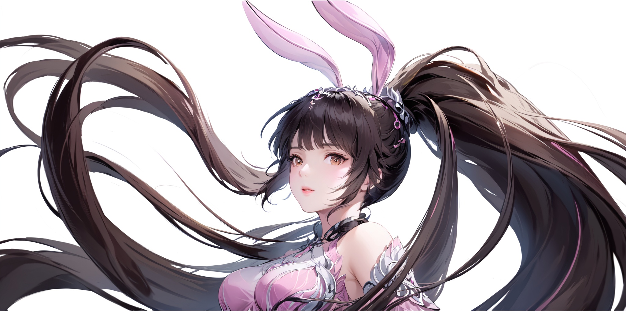 masterpiece,best quality,huge filesize,fantasy,illustration,simple white background,portrait,upper_body,1 woman,(mature_female:1.2),solo,rabbit ears,brown eyes,dress,long hair,pink dress,very long hair,brown hair,ponytail,hair ornament,black hair,collar,<lora:XL小舞成年2.0:0.7>,