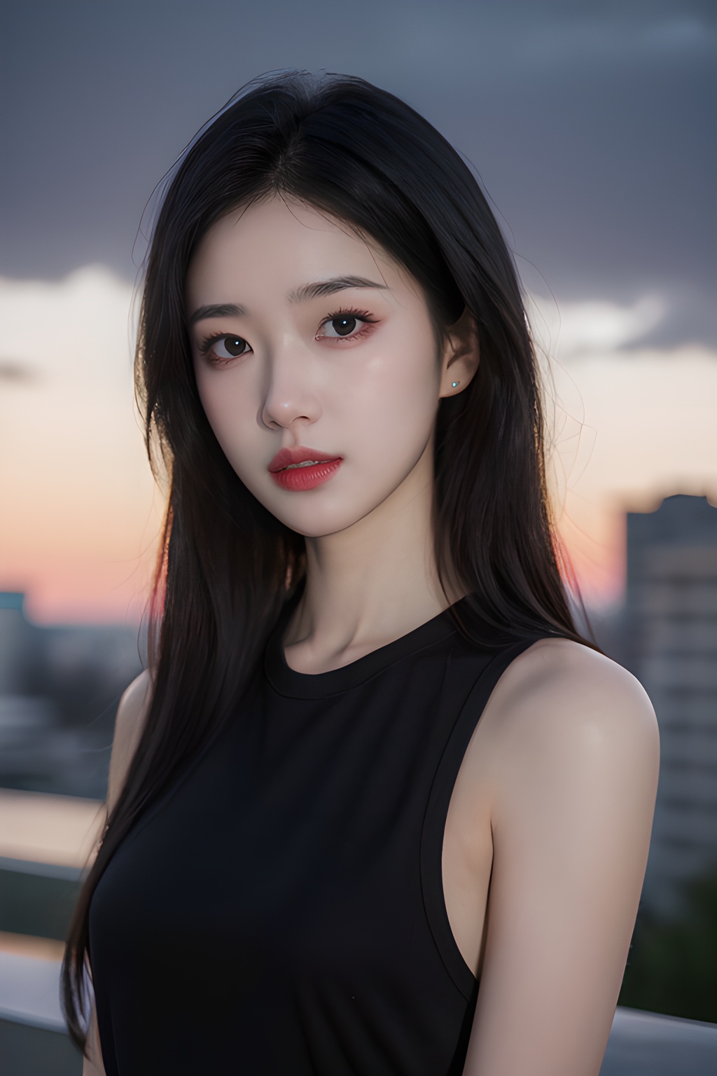 <lora:0811_04:0.7>,Frontal photography,Look front,evening,dark clouds,the setting sun,On the city rooftop,A 20 year old female,Black top,Black Leggings,black hair,long hair, dark theme, muted tones, pastel colors, high contrast, (natural skin texture, A dim light, high clarity) ((sky background))((Facial highlights)),, 1girl,realistic,masterpiece, best quality, photorealistic, HDR,detail
