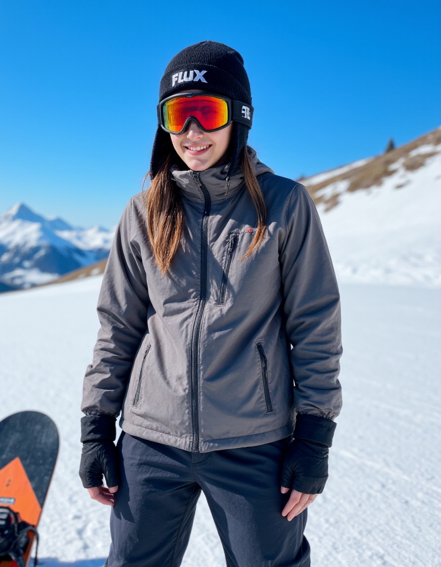 The image shows a person dressed in winter sports gear,including a black beanie with the word "FLUX" on it and a pair of goggles. happy,They are standing on a snowy landscape with a clear blue sky in the background. The person appears to be preparing for or taking a break from snowboarding,as suggested by the presence of a snowboard in the foreground. The overall scene conveys a sense of adventure and outdoor activity in a cold,mountainous environment,