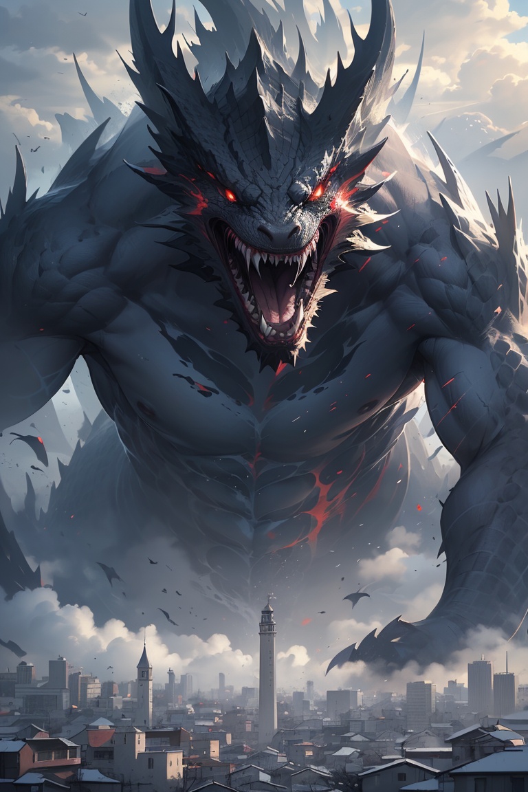(8k, Best quality, Masterpiece), Super Detail, (High detail skin),   a large monster is circling the city with a dragon in the foreground, in the style of anime art, dark gray and blue, strong facial expression, made of mist, dark white and light red, jagged edges, naturalistic, atmospheric animal paintings <lora:怪兽入侵城市2:0.6>
