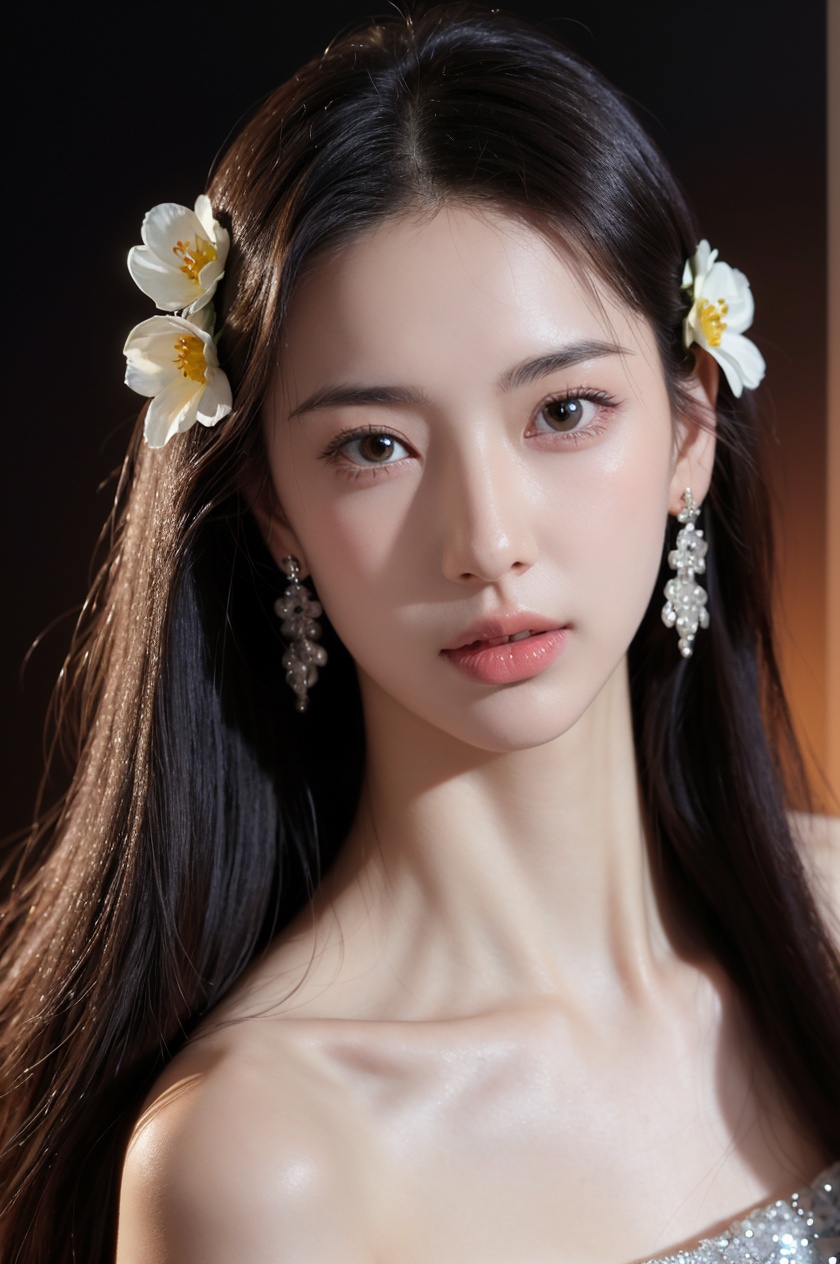 1girl, solo,(front view:1.2),(looking_at_viewer:1.4),(eye-contact:1.4),,black hair, long hair, jewelry, realistic, earrings, hair ornament, black eyes, lips, collarbone, parted lips, flower, watermark, upper body, portrait, hair flower, dress, web address,  <lora:YG红颜阁美女2:0.75>,