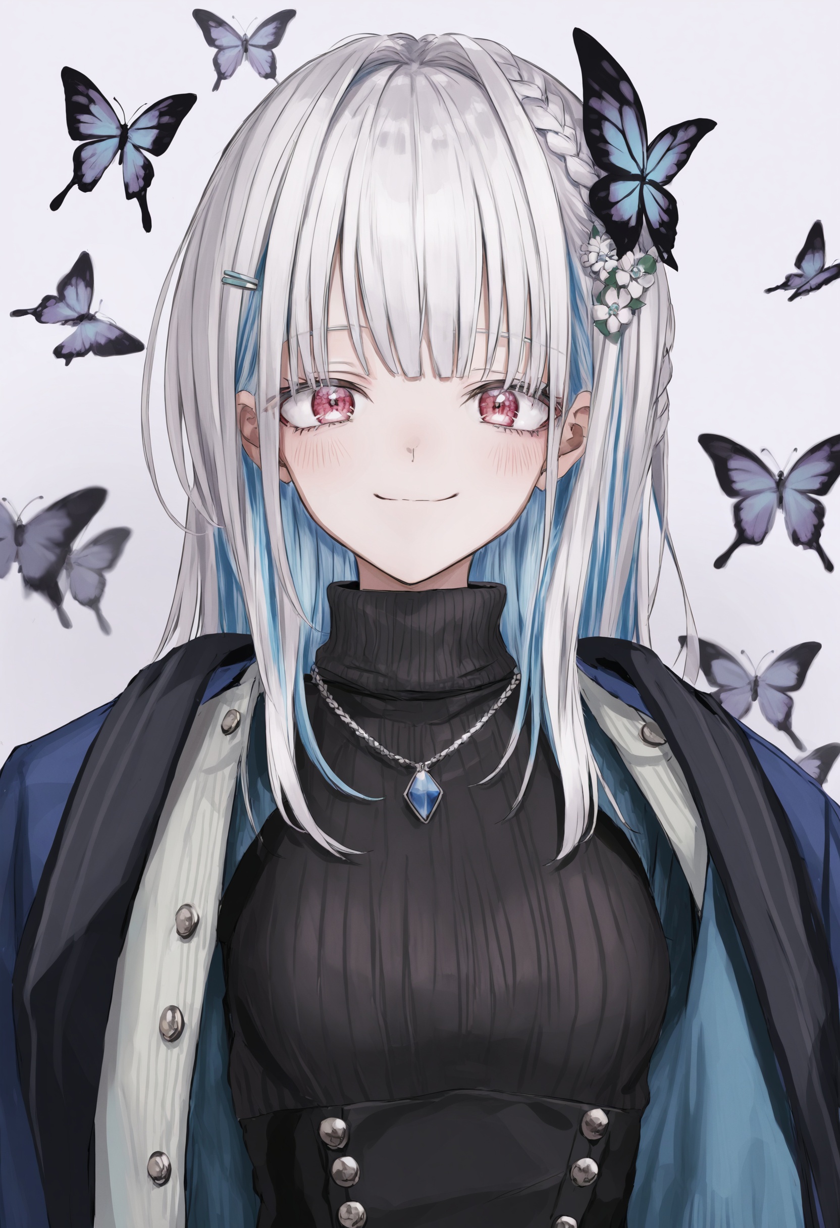 1girl, lize helesta,   solo, sweater, upper body, hair ornament, virtual youtuber, black sweater, bangs, long hair, jewelry, white hair, multicolored hair, necklace, hairclip, braid, butterfly, blue hair, flower, blunt bangs, bug, closed mouth, turtleneck, looking at viewer, ribbed sweater, simple background, breasts, white background, red eyes, turtleneck sweater, colored inner hair, medium breasts, single braid, buttons, hair flower, sidelocks, side braid, hair over shoulder, earrings, french braid, jacket, eyelashes, jacket on shoulders, smile, blue jacket, masterpiece, best quality <lora:GUXLlokr8f-000183:0.95>