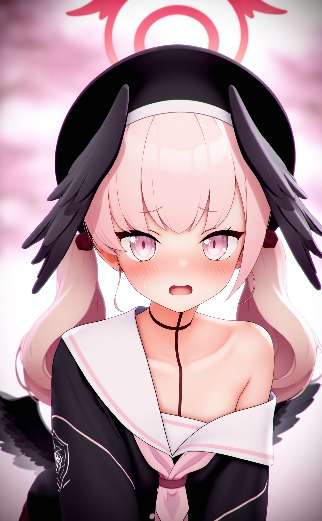 masterpiece,absurdres,best quality,loli,petite,high quality,chromatic_aberration,//,1girl,koharu (blue archive),pink hair,solo,pink eyes,head wings,hat,twintails,wings,pink neckerchief,black headwear,beret,looking at viewer,open mouth,black wings,collarbone,long sleeves,halo,sailor collar,upper body,neckerchief,white sailor collar,blush,long hair,black shirt,off shoulder,shirt,school uniform,winged hat,simple background,feathered wings,pink background,single bare shoulder,//,Depth of field,(colorful),hdr,Tyndall effect,depth of field,Tyndall Effect,blurry,blurry_background,depth_of_field,bokeh,glowing,//,<lora:MMDguangwuran6——【noob】hans:0.9>,