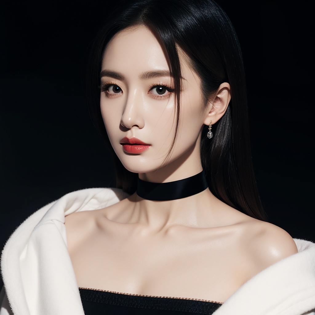 (looking at viewer),(upper body),a coldly elegant asian woman,sharp cheekbones,icy piercing gaze,jet-black silk slip dress,diamond choker necklace,dangling crystal earrings,white faux fur shawl draped over shoulders,flawless pale complexion,glossy dark hair swept back,soft monochrome gradient background,subtle cinematic lighting,high contrast,<lora:beauty:0.85>,