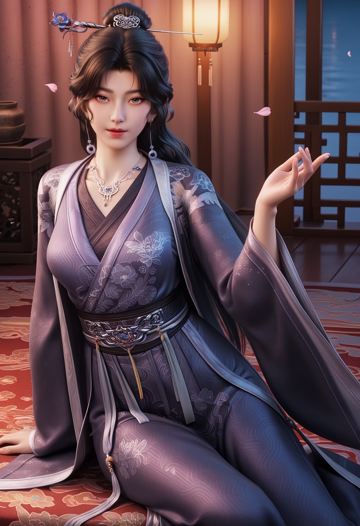 masterpiece,best quality,amazing quality,high resolution,ultra-detailed,absurdres,(looking at viewer:1.1),(Dark room:1.3),(moody lighting:1.1),peach blossom,falling petals,(large breasts:0.8),tszhanglao,1girl,solo,black hair,long hair,chinese clothes,hair ornament,jewelry,hanfu,necklace,realistic,earrings,hair bun,dress,long sleeves,shoes BREAK photorealistic details,<lora:QQSilltszhanglaoV1:0.8>,