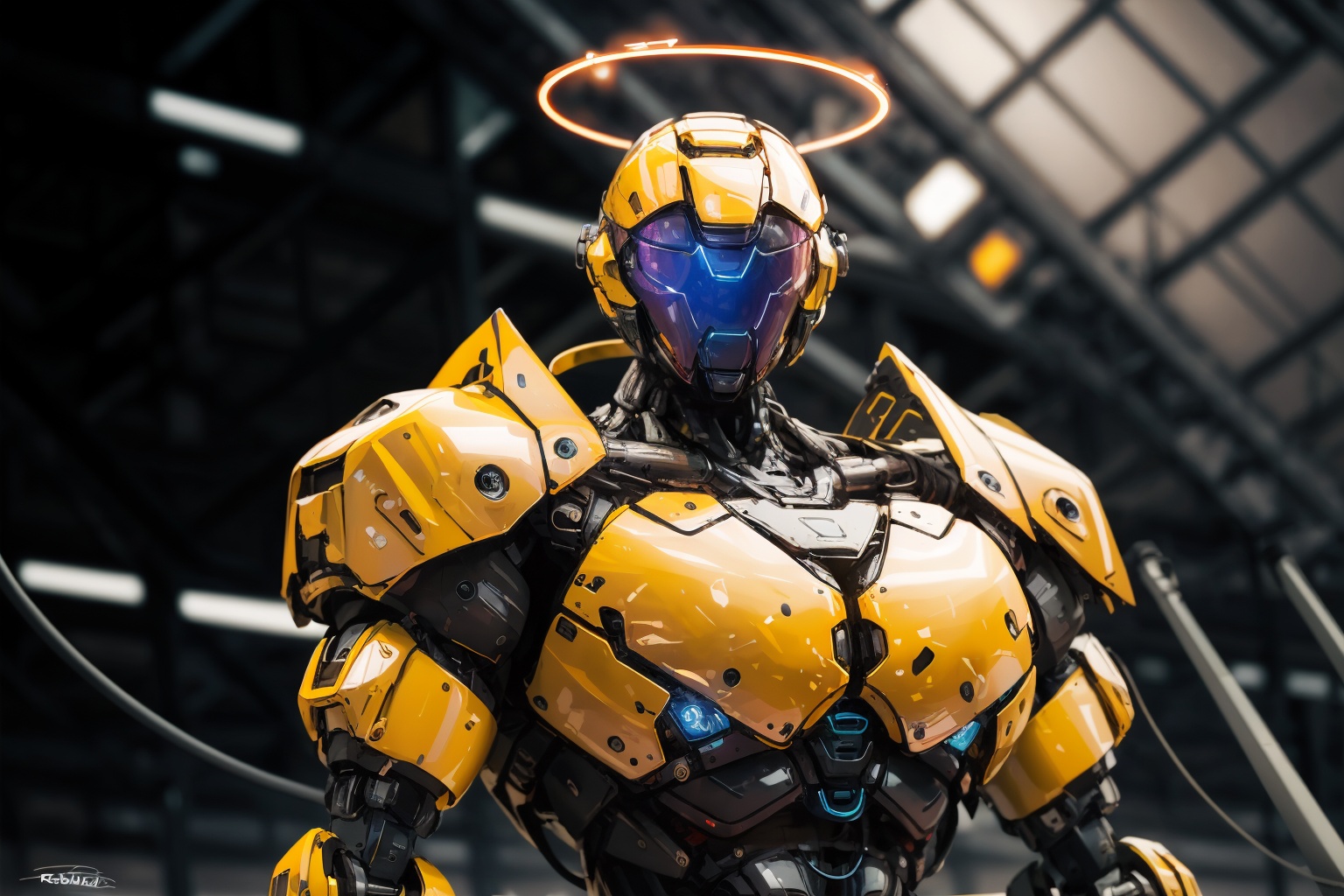 -science fiction, robot, halo, solo, humanoid robot, upper body, blurry, mecha, glowing, no humans, signature, blurry background, radio antenna, helmet, cable, 1other,<lora:Apocalypse Aso_20240119162949:1>,Apocalypse Aso,