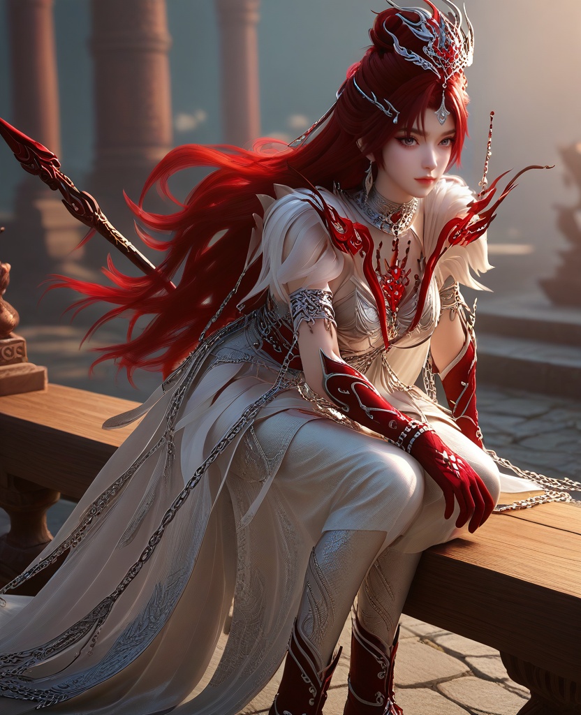 (She sits on a bench, her arms resting on the backrest, looking relaxed.:1.1),looking at viewer,(large breasts:1.2),<lora:XL16云深不知梦炽阳华明白色甲胄:0.95>,female paladin,white peplum dress,red hair,very long hair,hair ornament,hair bun,single earring,jewelry,boobplate,red gloves,sash,bracelet,silvery leggings,boots,holding spear,chain,, score_9,score_8_up,score_7_up,score_6_up,score_5_up,score_4_up,3d rendering,tag1,tag2, Cinematic Lighting,backlighting,