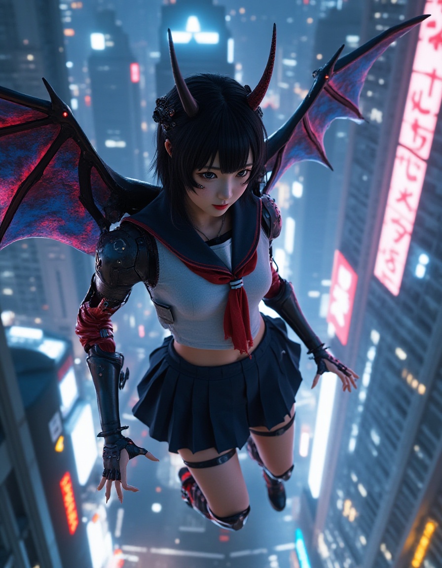 Ultra-realistic Japanese high school girl (JK), cute and slightly sexy, wearing a stylish modified school uniform, fierce demon-like expression, part-cybernetic body, with high-tech mechanical wings and advanced sci-fi weapons attached to her arms and back, glowing mechanical parts, realistic skin textures, flying high above a futuristic cyberpunk city at night, surrounded by neon lights, illuminated skyscrapers, light reflections on glass buildings, cinematic lighting, highly detailed, sharp focus, 8K resolution, photorealism, epic and dramatic atmosphere"