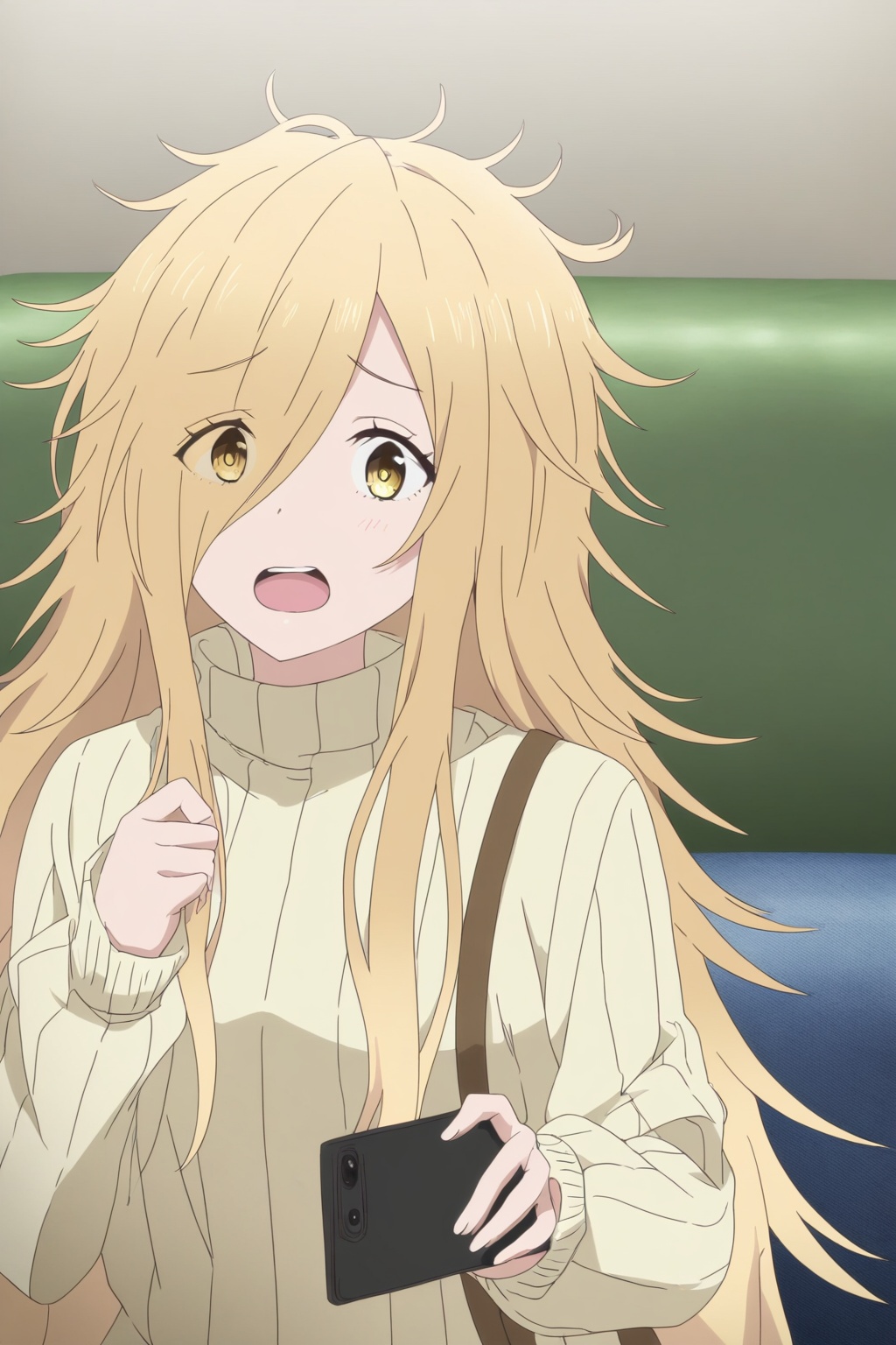Fuyune Kōjiya,blonde hair,phone,solo,long hair,messy hair,1girl,cellphone,yellow eyes,turtleneck,sweater,open mouth,holding,smartphone,holding phone,turtleneck sweater,couch,<lora:journey-000004:0.8>,