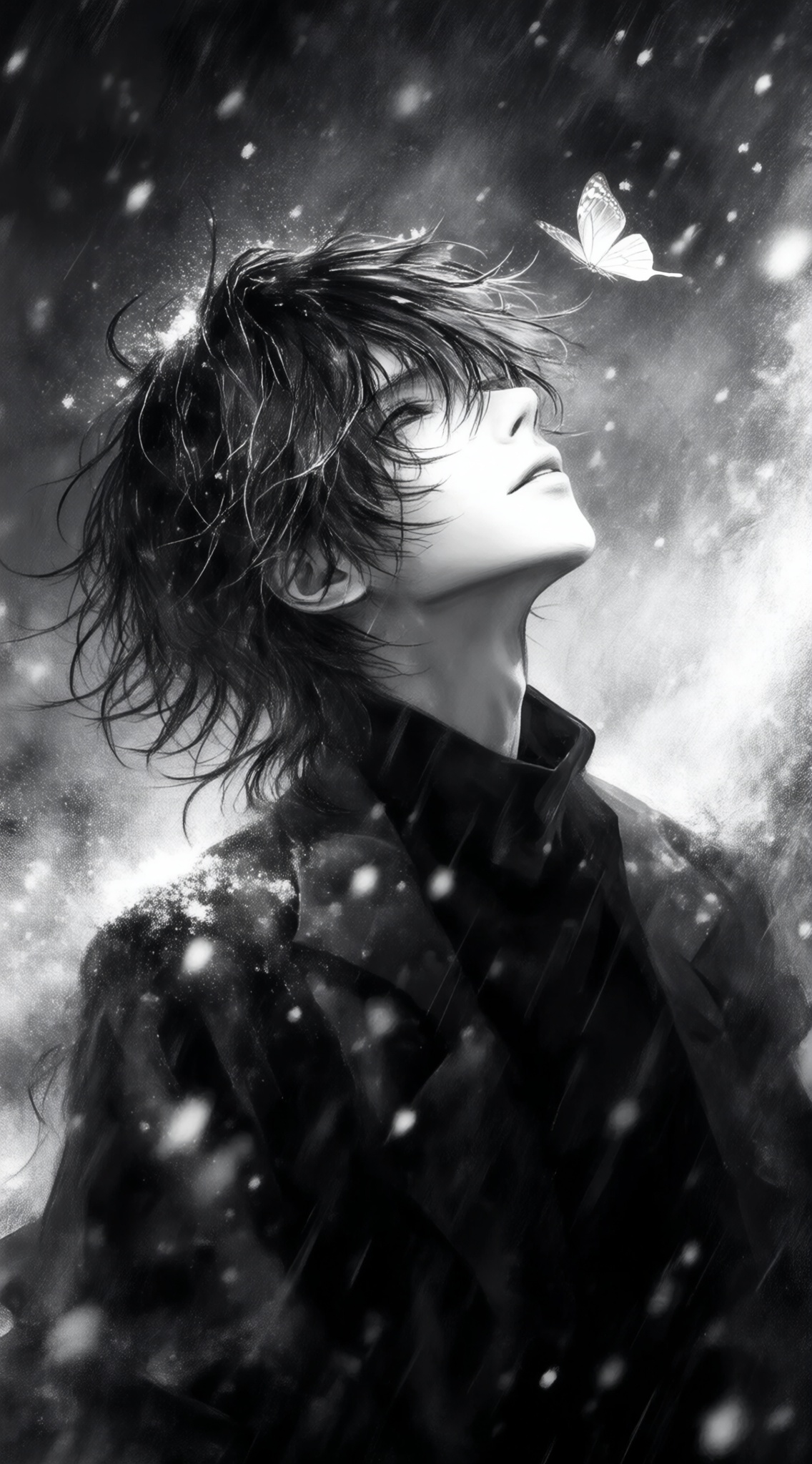 a black and white,monochrome,anime-style drawing of a young man with short,messy hair,standing in the rain,looking up with a contemplative expression,he is positioned in the middle of the image,with his upper body facing the viewer,and his eyes are closed,giving a sense of serenity,the man is wearing a dark coat,and the background is filled with falling snowflakes,creating a dramatic and moody atmosphere,a small white butterfly is fluttering near him,adding a touch of whimsy to the scene,the overall style is reminiscent of japanese manga and anime art,with a focus on the mans contemplative pose and the delicate details of the butterfly,, Negative prompt: ng_deepnegative_v1_75t,(badhandv4:1.2),EasyNegative,(worst quality:2),,nsfw, Steps: 30, Sampler: Euler, CFG scale: 4.0, Seed: 3917468575, Size: 1142x2048, Model hash: 9768b098f7, Model: ZOZ_千问大模型~超强泛化改良版_v1.0.safetensors, Denoising strength: 0, RNG: CPU, Lora 1: ZOZ_厚涂水彩~千问, Lora Hash 1: 68a42c4795, Lora Weight 1: 0.8, vae_name: automatic
