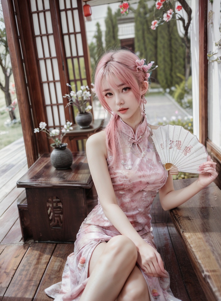 pink qipao,1girl,hand fan,solo,pink hair,chinese clothes,dress,flower,looking at viewer,table,china dress,earrings,jewelry,long hair,realistic,hair ornament,sitting,hair flower,sleeveless,<lora:pink qipao_20231204234912:1>,