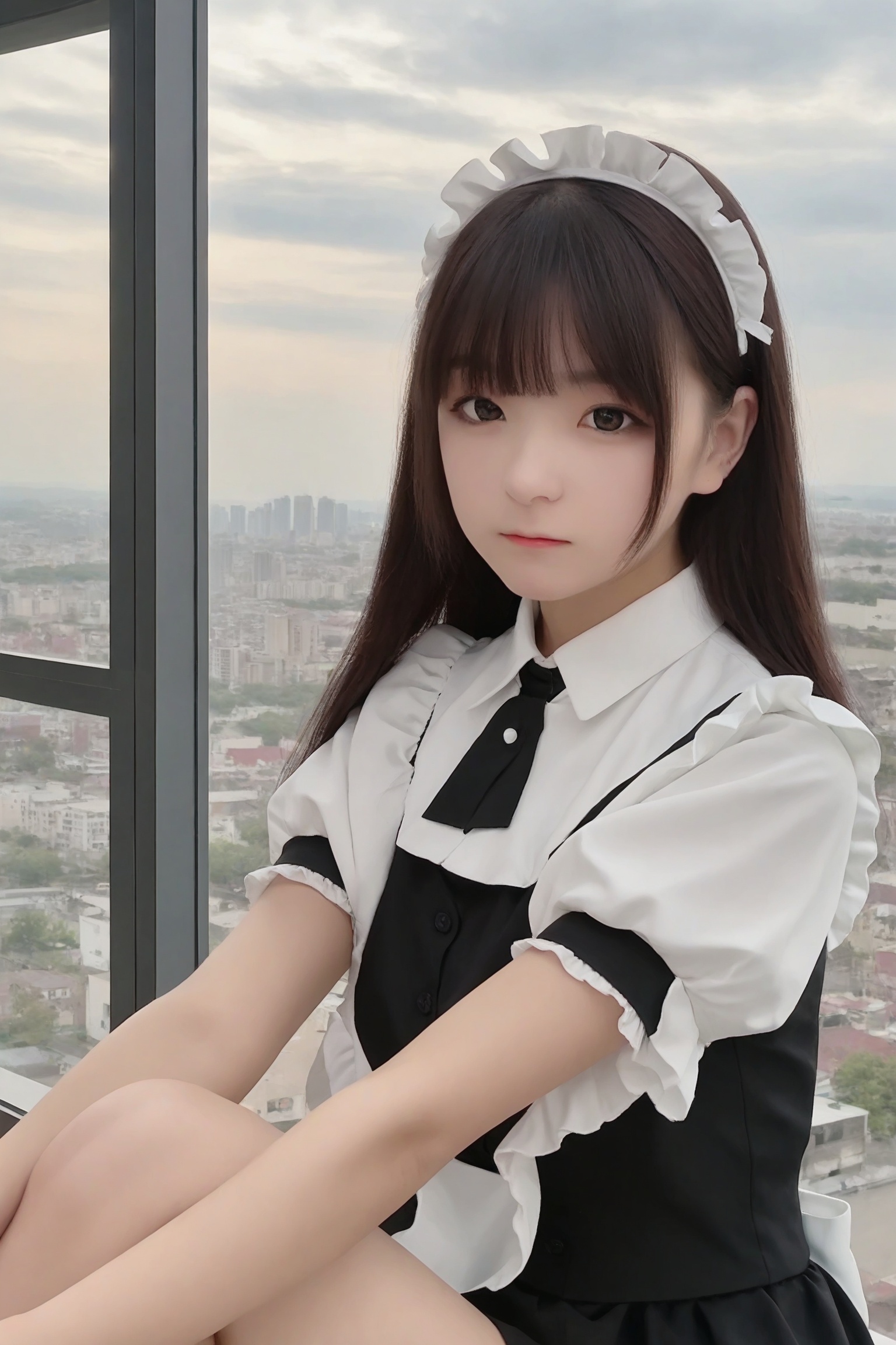 1girl,solo,sitting,window,frills,sky,cloud,indoors,cityscape,closed_mouth,sun,looking at viewer,maid outfit,<lora:抱抱小雨辰Pony:0.7>,1girl,straight,long,dark brown hair,bangs,fair complexion,large and almond-shaped eyes,