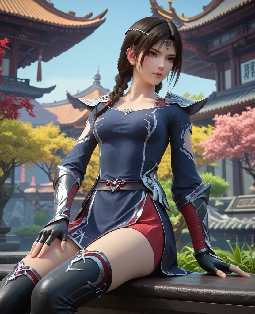 (oriental architecture, elegant decor, sophisticated style:1.1),Resting on a bench in a busy city, looking tired but content after a long day of exploring,,(breasts:1.2),<,,<lora:XL16大主宰安然:0.95>,miss anran, blue gray peplum dress, red petticoat, purple eyes, circlet, black hair, braid, long hair, pauldrons, fingerless gauntlet, black high-heeled thigh boots,, zPDXL2, score_9, score_8_up, score_7_up BREAK realistic, masterpiece,best quality, highly detailed,, zPDXL3, zPDXL2,zPDXL, zPDXLxxx, zPDXLrl,