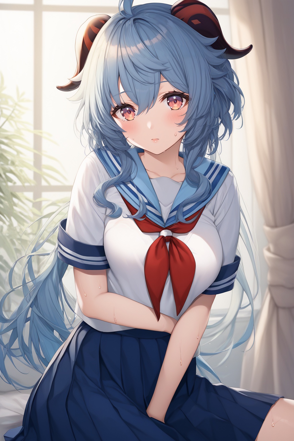 score_9,score_8_up,score_7_up,score_6_up,source_anime,source_cartoon,<lora:ganyuTuPONYXL-000008:1>,ganyu \(genshin impact\),1girl,solo,horns,blue hair,school uniform,blush,skirt,looking at viewer,serafuku,sitting,long hair,sailor collar,sweat,pleated skirt,neckerchief,short sleeves,sidelocks,blue skirt,white shirt,breasts,shirt,red neckerchief,medium breasts,
