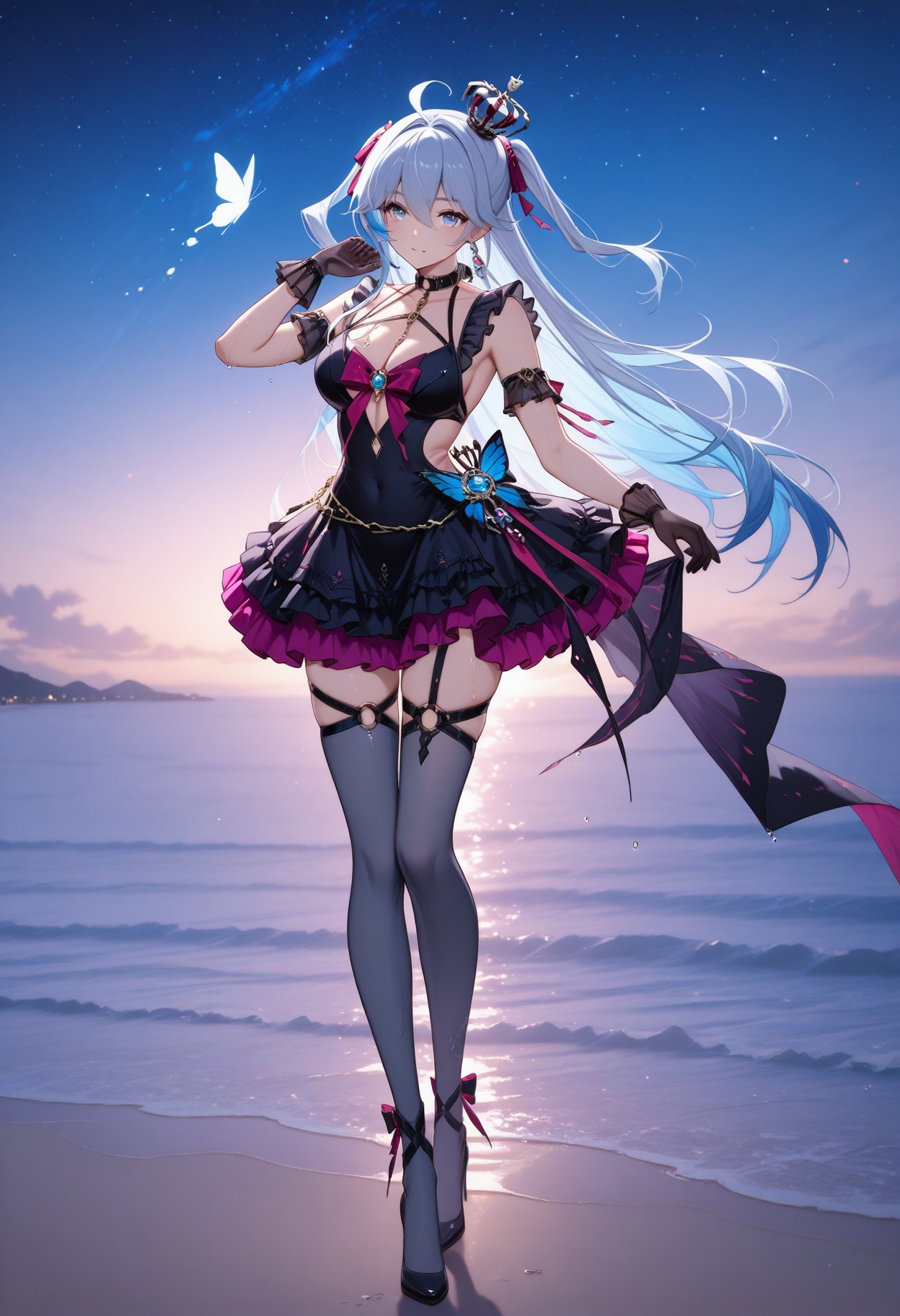 full body,self_fondle,solo,beach,ocean,butterfly_tattoo,collarbonea,soxy,wet body,the body has water,leg chain,chest chain,belly chain,animal collar,waves,gradient_sky,starry_sky,dusk,in summer,<lora:香奈美:1>,xiangnaimei,1girl,long hair,blue eyes,twintails,ahoge,white hair,crown,bangs,hair between eyes,very long hair,floating hair,halterneck,<lora:瑰丽(衣服):1>,guili,thighhighs,gloves,dress,cleavage,jewelry,blue hair,frills,black gloves,black dress,clothing cutout,frilled dress,skirt,ponytail,sleeveless,black thighhighs,black footwear,high heels,thigh strap,grey thighhighs,
