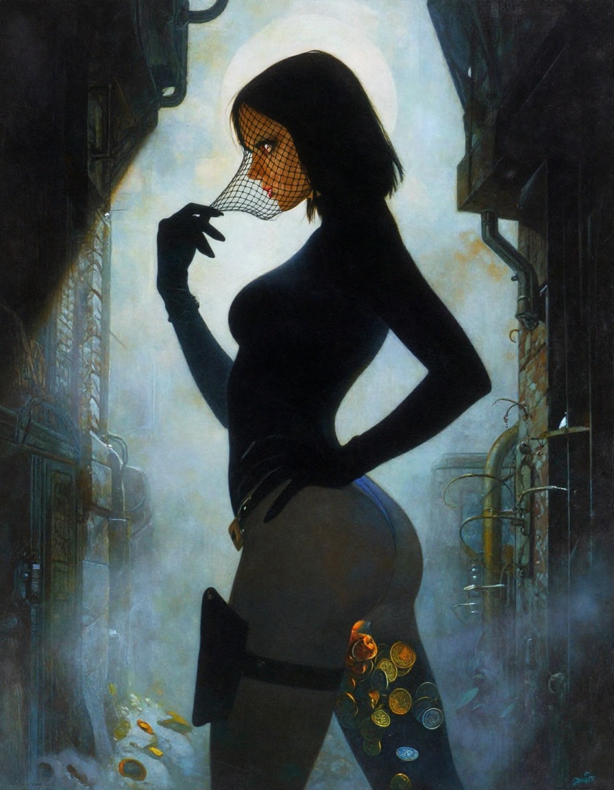 A Dimir spy peers from an alleyway,  her fishnet mask pulled down to her nose. Illustrated in a dramatic side-profile silh...