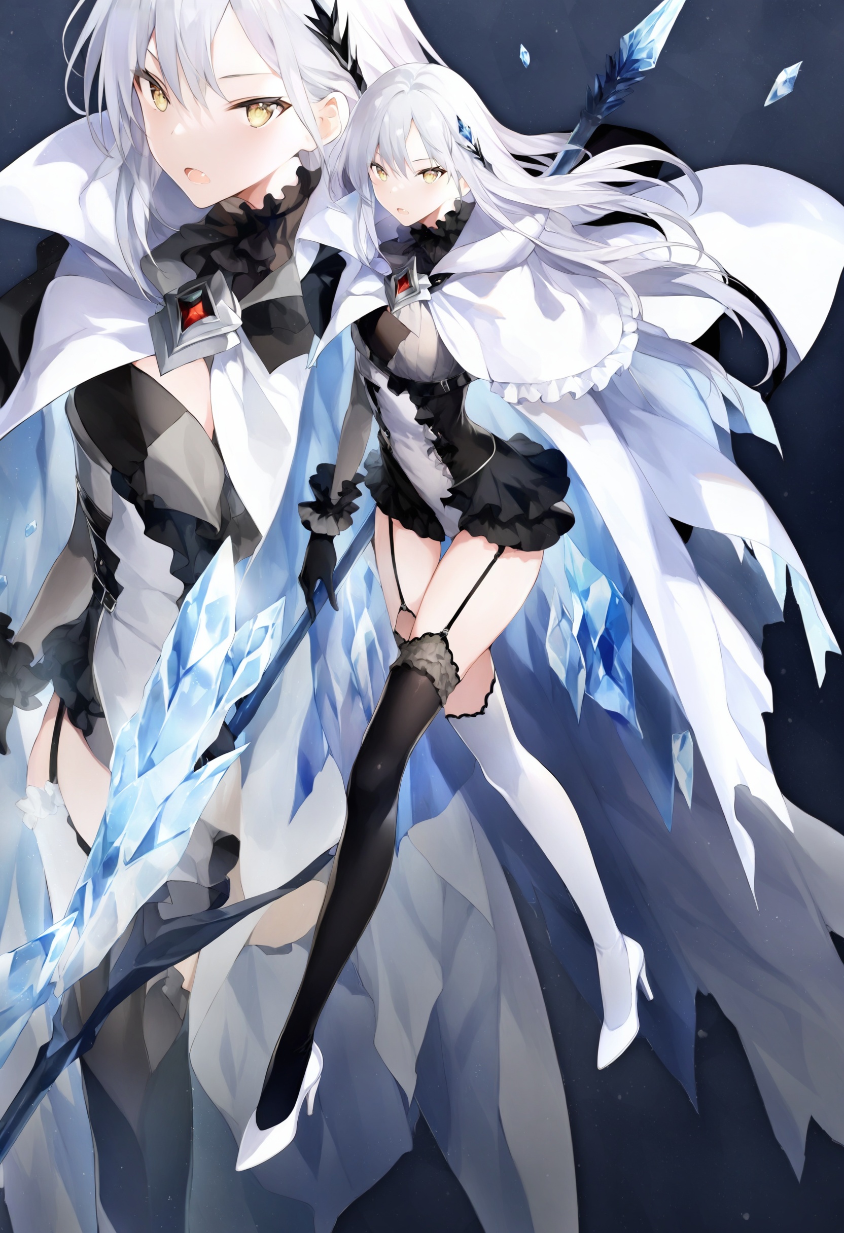 best quality, masterpiece,1girl , gloves, black gloves, solo, white hair, thighhighs, yellow eyes, garter straps, ice, zoom layer, asymmetrical legwear , frills , open mouth, high heels, cape, white footwear, polearm, looking at viewer, long hair , dress, mismatched legwear, white cape , hair ornament ,_背景<lora:lpmyaXLlokr4f-000143:1>