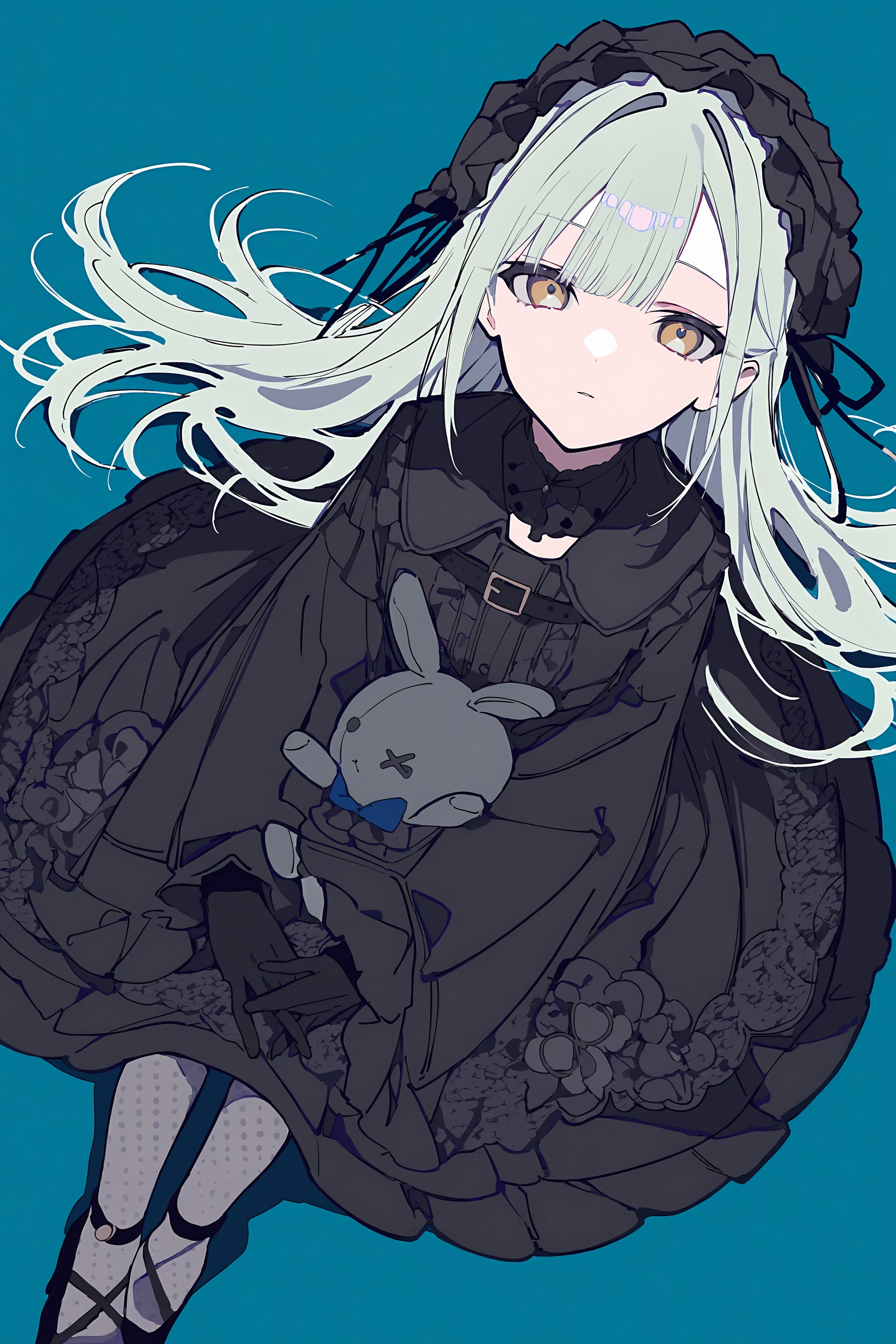 masterpiece,best quality,newest,absurdres,highres,safe,(1girl:1.2),(wakaba mutsumi:1.3),project sekai,solo,(mint hair:1.2),yellow eyes,blunt bangs,long hair,(gothic lolita:1.3),(black dress:1.2),(frilled hat:1.1),crescent moon,black gloves,(polka dot pantyhose:1.2),black high heels,(rabbit plushie:1.3),holding plushie,(from above:1.2),(dutch angle:1.2),sitting,lying on back,looking at viewer,expressionless,(light rays:1.2),soft lighting,blue background,simple background,<lora:Mochi_style_v1-000072:0.9>,full_shot,