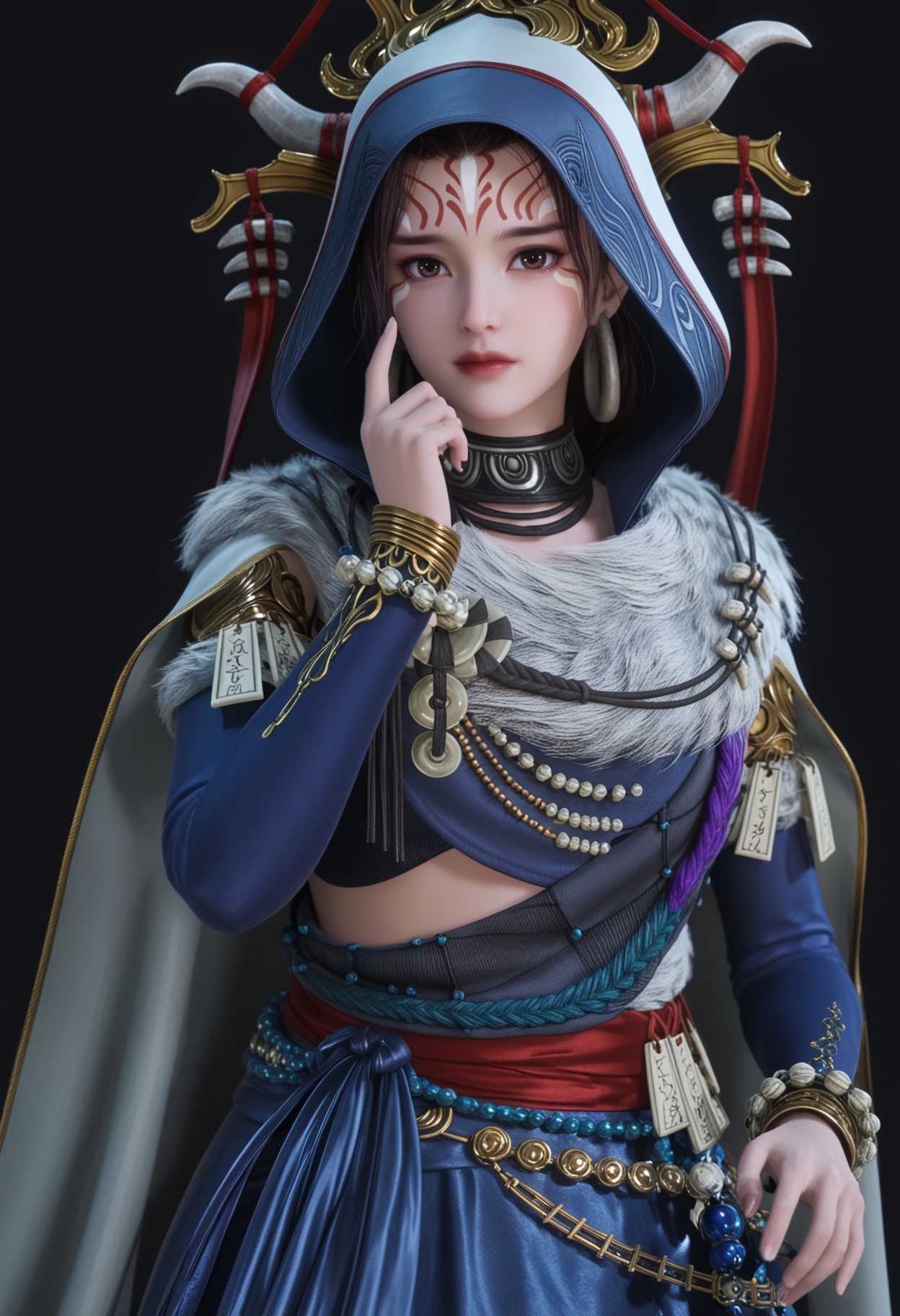(looking_at_viewer:1.2),upper_body,<lora:YQ_pony_houtuniangniang_V4:0.8>,q1528437228,solo,1girl,jewelry,hood,forehead mark,bracelet,hood up,earrings,horns,cape,cloak,black hair,brown hair,long sleeves,necklace,brown eyes,hoop earrings,fur trim,short hair,detached sleeves,black eyes,beads,dress,sash,long hair,robe,blue dress,belt,collar,long skirt,(simple background,pure black background,black background:1.1),perfect_anatomy,