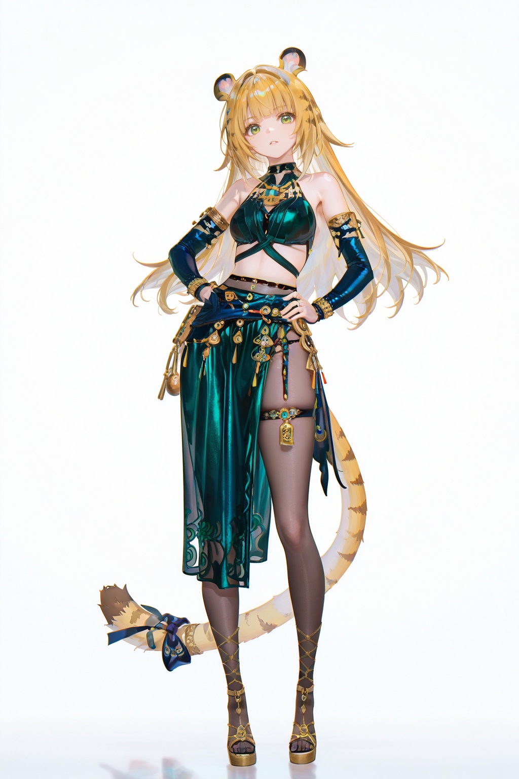 8k,best quality,masterpiece,(ultra-detailed),(high detailed skin),((artist:reoen),(artist:fuzichoco),(artist:atdan),(artist:torino_aqua),year 2024:0.8)1girl,[artist:wlop],[artist:ningen_mame],artist:ciloranko,[[artist:rhasta]],artist:tidsean,colorful,jijia,2d,ambient light,full body,full shot,standing,looking at viewer,(solo:1.2),simple background,(white background:1.2),hand on own hip,(white background:1.1),<lora:jufufu-ill-Tanger-000013:0.8>,Ju fufu \(Zenless Zone Zero\),tiger girl,1girl,green eyes,animal ears,blonde hair,long hair,bangs,tail ornament,<lora:wunvrc-ill-Tanger:0.9>,clothes: Exotic belly dance costume,halter top,jewelry accents,hip scarf,black pantyhose,