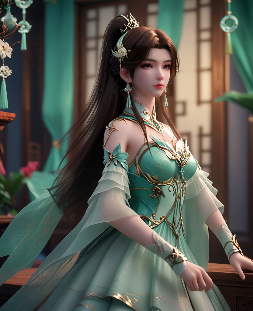 (oriental architecture, elegant decor, sophisticated style:1.1),(twirling pose:1.1),looking at viewer,(breasts:1.2),<lora:XL16斗破苍穹古薰儿:0.95>,miss guxuner,celadon corset,aloes green miniskirt,gray eyes,pink eyeshadow,black hair,tiered high ponytail with long front strands,super long hair,hair ornament,earrings,jewelry,detached collar,green sash,sheer fabric overskirt,cyan fart curtain,spiral foot decoration,high heels,, score_9,score_8_up,score_7_up,score_6_up,score_5_up,score_4_up,3d rendering,tag1,tag2, Cinematic Lighting,backlighting,, zPDXL3, zPDXL2,zPDXL, zPDXLxxx, zPDXLrl,