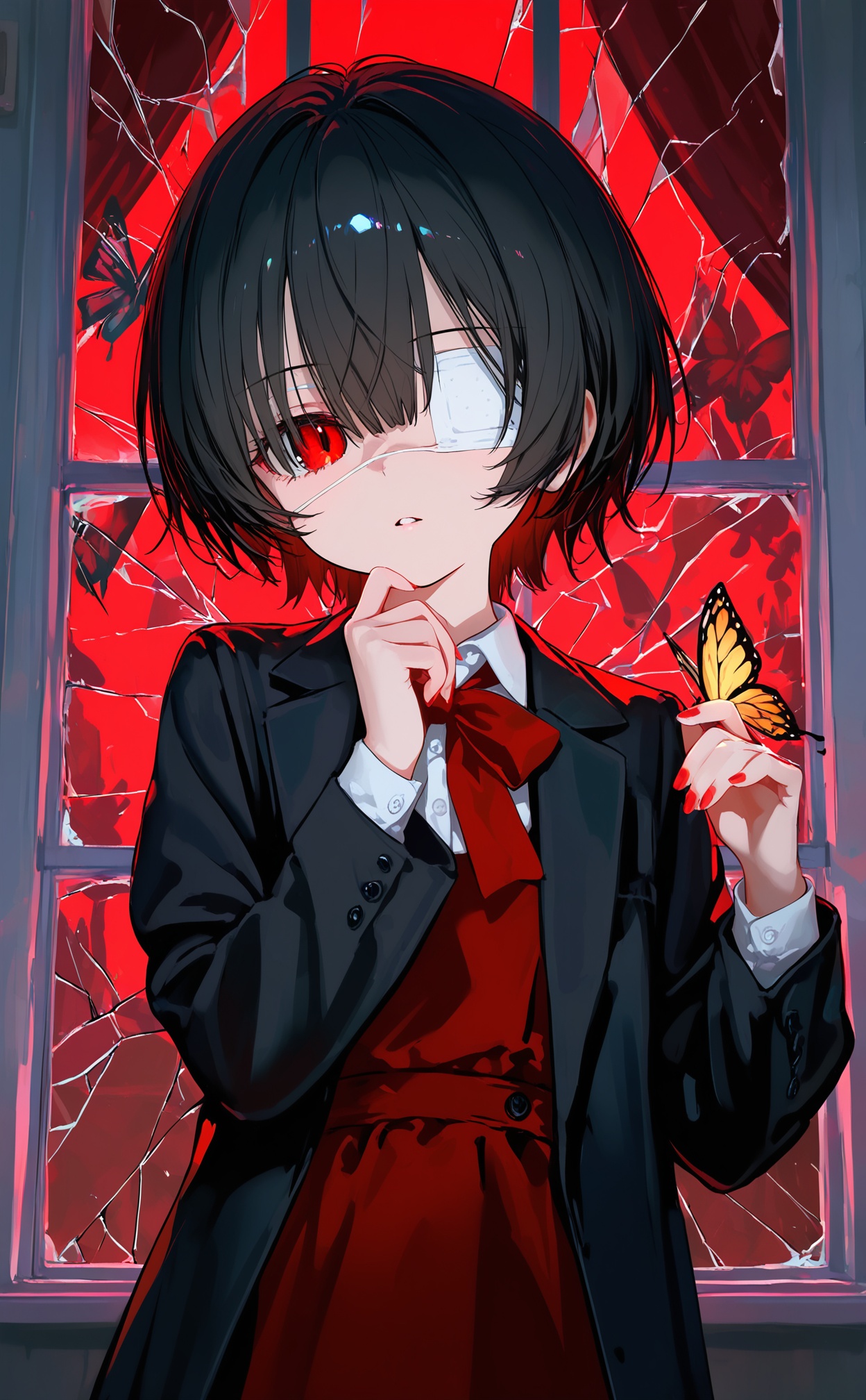 masterpiece,very aware,highres,absurdres,newest,best quality,high quality,loli,petite,chromatic_aberration,white_background,//,butterfly,bug,red eyes,broken glass,broken window,1girl,eyepatch,crack,glass,red nails,looking at viewer,jacket,window,short hair,shirt,solo,black jacket,butterfly on hand,parted lips,black hair,long sleeves,one eye covered,ribbon,white shirt,collared shirt,red ribbon,medical eyepatch,bow,blonde hair,red dress,nail polish,doll,dress,hair between eyes,red bow,//,year_2023,year_2024,//,