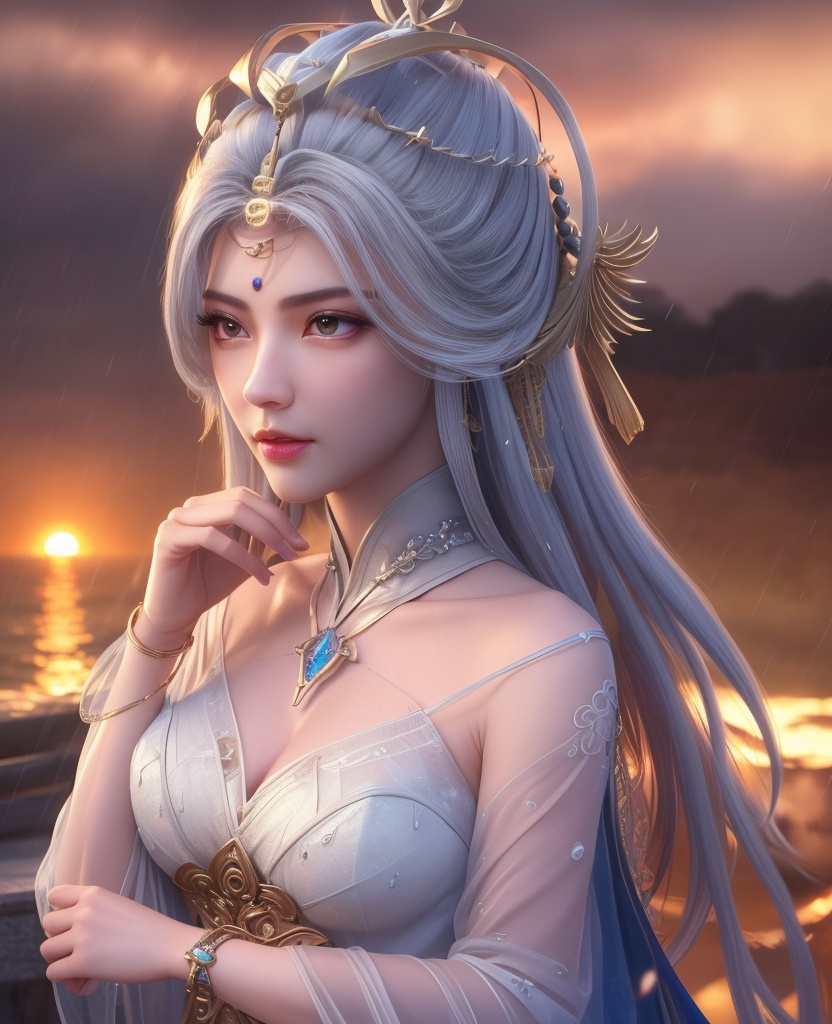 <lora:646-DA-百炼成神-宁雨蝶-成女-觉醒:0.8>(,1girl, ,best quality, ),looking at viewer,  ,,ultra detailed 8k cg, ultra detailed background ,ultra realistic 8k cg,          cinematic lighting, cinematic bloom, (( , )),,  , unreal, science fiction,  luxury, jewelry, diamond, pearl, gem, sapphire, ruby, emerald, intricate detail, delicate pattern, charming, alluring, seductive, erotic, enchanting, hair ornament, necklace, earrings, bracelet, armlet,halo,masterpiece, (( , )),, realistic,science fiction,mole,   ,cherry blossoms,,(((Best quality, masterpiece, ultra high res, (photorealistic:1.4), raw photo, 1girl, ,rain, , sunlight, sunset, qianqiu wanxia,     )))  (cleavage), (),