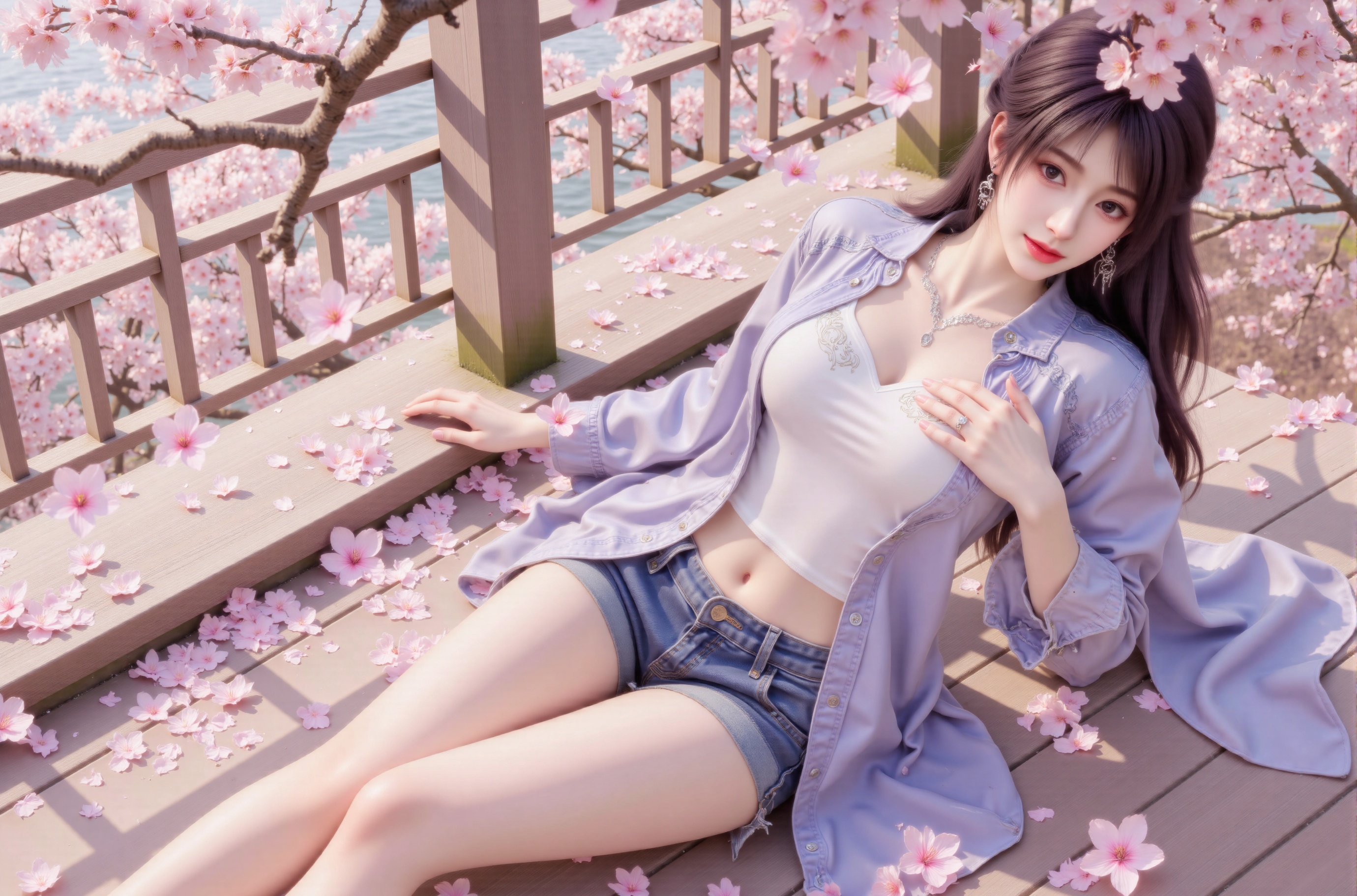 1girl,branch,breasts,brown eyes,brown hair,cherry blossoms,denim,earrings,falling leaves,falling petals,hanami,hand on own chest,jewelry,large breasts,leaves in wind,looking at viewer,navel,open clothes,open shirt,petals,petals on liquid,porch,ring,rose petals,shirt,short shorts,shorts,solo,spread legs,spring \(season\),tree,