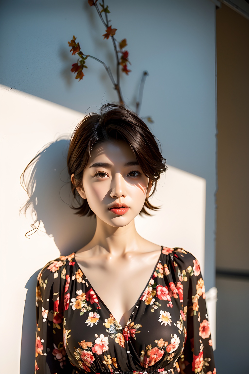 1girl, solo, realistic, lips, short hair, brown eyes, upper body, black hair, looking at viewer, brown hair, messy hair, shadow, dress, floral print