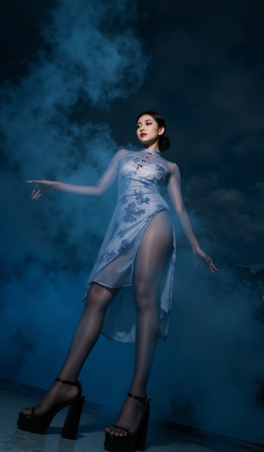 first-person perspective,a traditional Chinese garment,is depicted in this image. The woman is wearing a short-sleeved,floral-patterned dress with a high collar and button details at the neckline. The fabric appears to be sheer with a delicate floral design,adding a sense of elegance and femininity to the attire. The color palette consists of various shades of blue,creating a calming and soothing atmosphere. The woman's pose and the dramatic lighting contribute to a mysterious and enchanting ambiance,highlighting the beauty and intricacy of the hanfu.,simple,(blurry background:1.1),blurry,Her footwear is a pair of black, high-heeled platform sandals <lora:特色镜头FLUX:1>