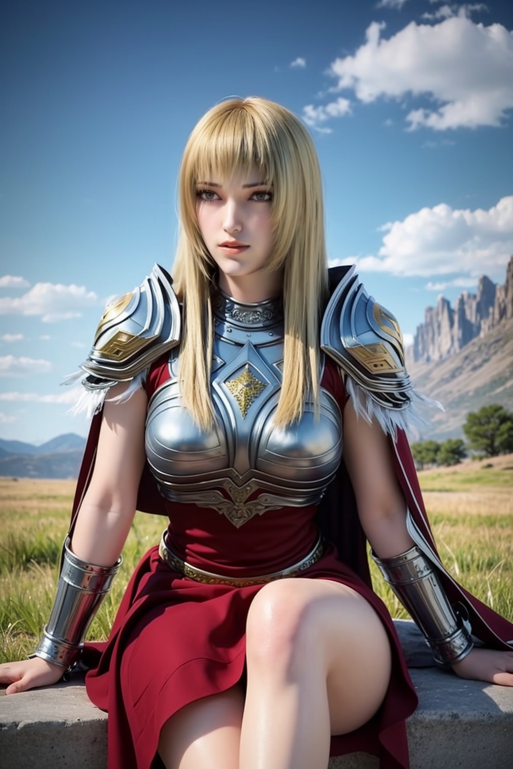 ultra realistic 8k cg,picture-perfect face,perfect face,beautiful face,masterpiece,fantasy,detailed background,realistic,perfect female body,curvy body,skindentation:1.3,glowing eyes,intricate detail,cowboy shot,1girl,sitting,(blonde hair),solo,mountain,sky,cape,long hair,rocks,sky,(armor clothes),a woman in a red dress sits on a stone wall with a mountain in the background,(skirt),(thigh),(bangs),<lora:TianShiYan:0.8>,