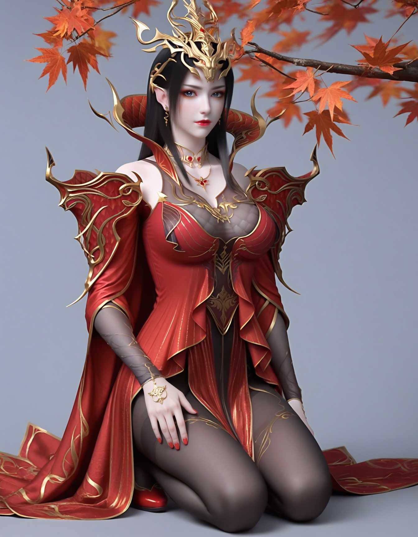 (score_9),close-up, <lora:斗尊美杜莎-apony:0.83>,meidusha,1girl,solo,hair ornament,tiara,long hair,black hair,pointy ears,earrings,(gray-blue eye),cocked eyebrow,collar,popped collar,jewelry,shoulder armor,metal collar,necklace,detached sleeves,long sleeves,see-through sleeves,red dress,red cape,red nails,(glamor),curvy,(mature_female),collarbone,pointy breasts,puffy breasts,(large teardrop breasts),large breasts,(see-through cleavage),pantyhose,black pantyhose,see-through legwear,BREAKlooking at viewer,kneeling,red footwear,BREAK<lora:Expressive_H-000001:0.8>,light blush,Expressiveh,body blush,<lora:e肤色滑块:0.25>,(pale_skin),(light_skin),<lora:皮肤凹痕:1.2>,<lora:RealisticSkinv1_ponyv6_loraplus:0.3>,real skin,ultra-detailed skin texture,detailed textures,BREAK<lora:e色温:0.35>,simple background,grey background,twig,autumn leaves,branch,falling leaves,Tyndall effect,available light,depth of field,lens_flare,