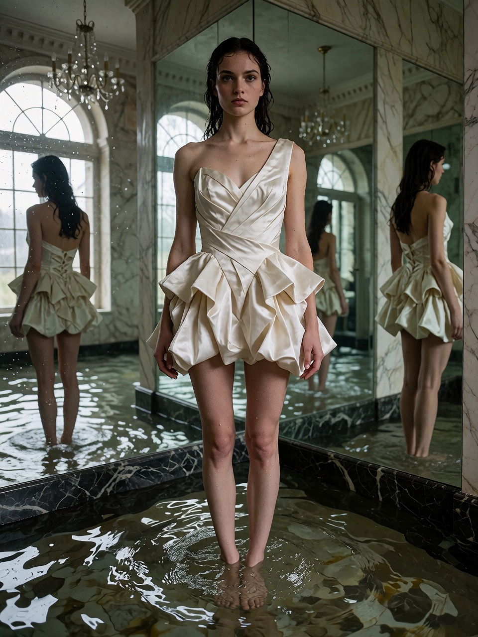 Editorial fashion photo of a model in a sculptural white origami-like dress,  standing in a flooded marble hall,  mirror r...